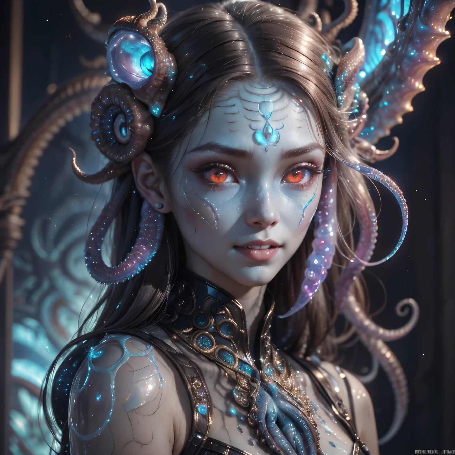 best quality, masterpiece, ultra high resolution, (photos realistic:1.7), scary and sexy detailed art in color, Portrait, (beautiful and obscene female alien:1.4), (vulgarity1.7), (she has red eyes with no pupils:1.8), (She has translucent pale skin:1.7), (There is a female genital-like organ in the middle of the forehead:1.95), (She has the most beautiful face in the history of the universe:1.2), (She has multiple bioluminescent organs on the side of her tentacles:1.4), (Her body is covered with an iridescent exoskeleton:1.3), (She is showingh her arm pits:1.4), an evil gaze that seduces, (large mouth:1.1), (sharp teeth like a vampire:1.2), Full body portrait, (bio luminescent:1.5), (Smile wickedly:1.3), (sexypose:1.5), alien, No humans, cells are fused, (There are lots of translucent tentacles from her head:1.3) extraterrestrial, cell, bio image, best quality, 8K,In 4K_quality, High freshness, Dramatic Lighting, cinematic quality, detail up, (exquisite details:1.2), High freshness, drawing faithfully, (Thick eyebrows:1.2), Beautiful eyes with fine symmetry,(Highly detailed face and eyes:1.2),(Super detailed skin quality feeling:1.4), perfect anatomy, (Beautiful toned body:1.5), (Moist skin:1.2), not wearing makeup, (dark circles:1.1), long canines, cinematic drawing of characters, cinematic quality, detail up, (exquisite details:1.2), high resolution, High freshness, drawing faithfully, official art, Unity 8K Wall paper, ultra detailed artistic photography, midnight aura, unreal engine 5, Ultra Sharp Focus, art by Amano Yoshitaka, ArtGerm, Roisch, intricate artwork,ultra realistic realism, dream-like, nautilus, Creation of fantasy, dream Snail, (biopunk nautilus:1.3),Thrilling color schemes, seductively smiling, Blue tentacles, Amazing mutation, well-proportioned body, goddess of the deep sea, fractal, Geometric pattern, impossible figures,(asymmetry:1.4), (white tentacles with blue stripes:1.4), subtle emerald green accents, (expression of ecstasy:1.6)
