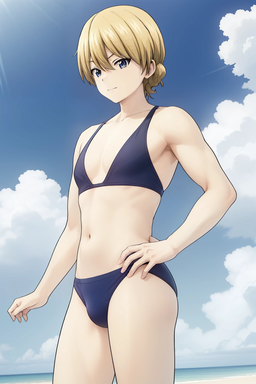 傘ビーチに座っているbikiniのMen in anime, bikini with an black top, bikini with an black bottom, solo, anime best man, 魅惑的なMen in anime, long blonde man, blue eyed man, Men in anime, Cute male anime visual, wearing a swimsuit, Man in swimsuit, male focus, clothing: bikini, in a bikini, in a triangle bikini, wearing bikin swimsuit, Cool male anime visuals, cel shaded anime, 晴れたon the beach, Men in animeキャラクター, on the beach, on the beach, 魅力的なMen in anime,