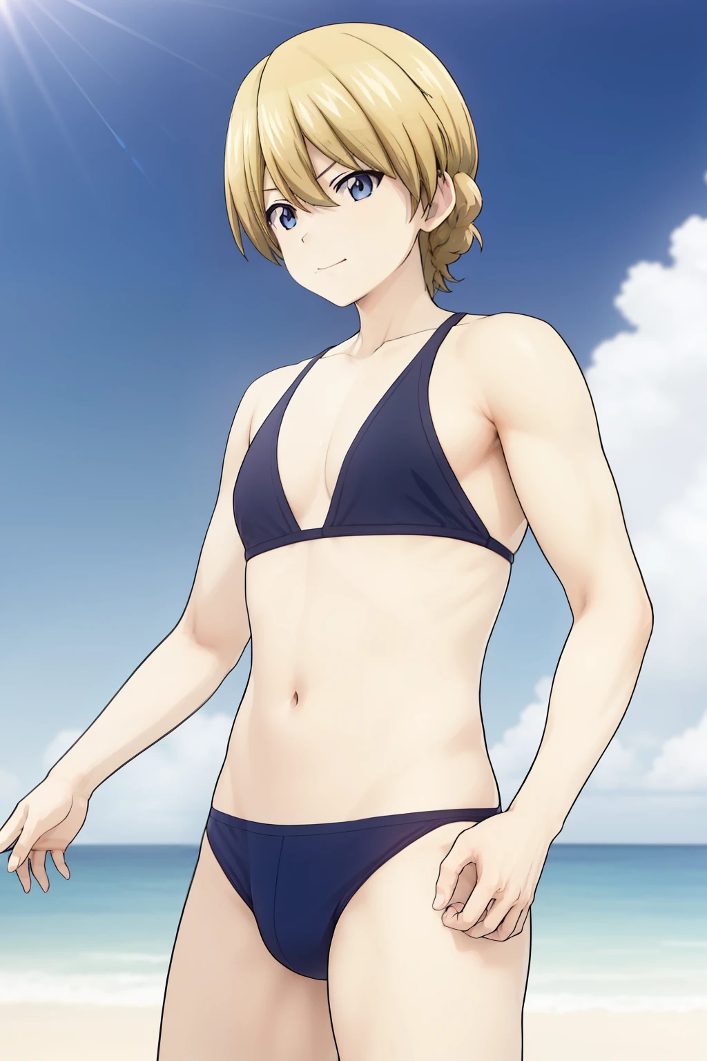 傘ビーチに座っているbikiniのMen in anime, bikini with an black top, bikini with an black bottom, solo, anime best man, 魅惑的なMen in anime, long blonde man, blue eyed man, Men in anime, Cute male anime visual, wearing a swimsuit, Man in swimsuit, male focus, clothing: bikini, in a bikini, in a triangle bikini, wearing bikin swimsuit, Cool male anime visuals, cel shaded anime, 晴れたon the beach, Men in animeキャラクター, on the beach, on the beach, 魅力的なMen in anime,