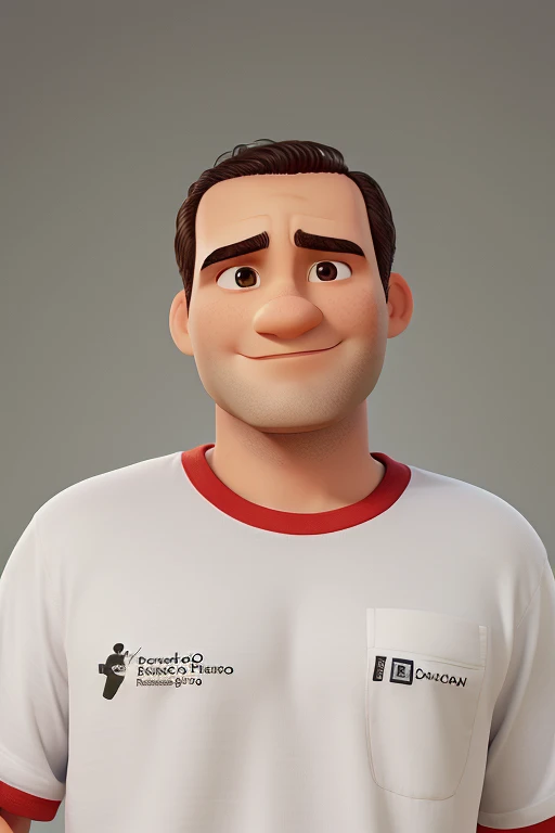 Um homem com o rosto redondo, big head and little hair, usando uma camisa branca