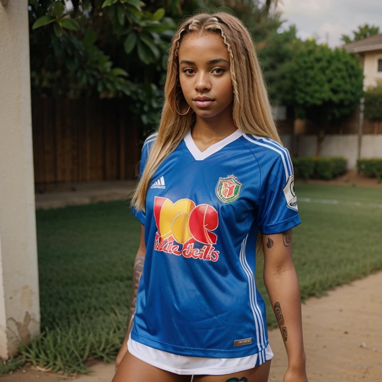 Young beautiful blonde African girls of 18 years old with perfect measurements tattooed with sexy soccer uniform