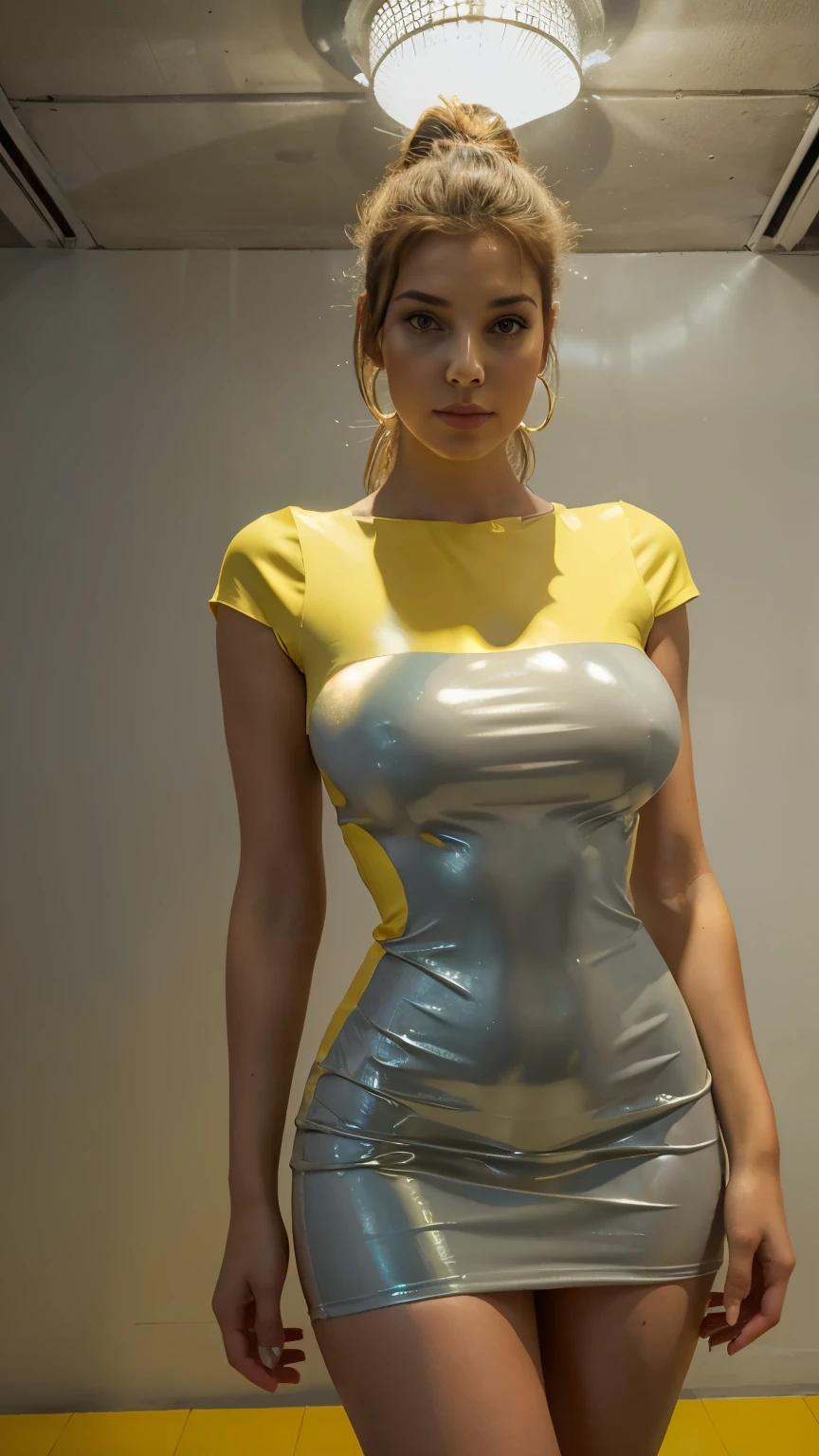 23 yrar lady, big thighs, medium size , in plastic paint dress, seducing look, bending from waist, ultrarealistic, near camera, stylish, doggy style pose, party, grey wall background, lights on ceiling , yellow color dress