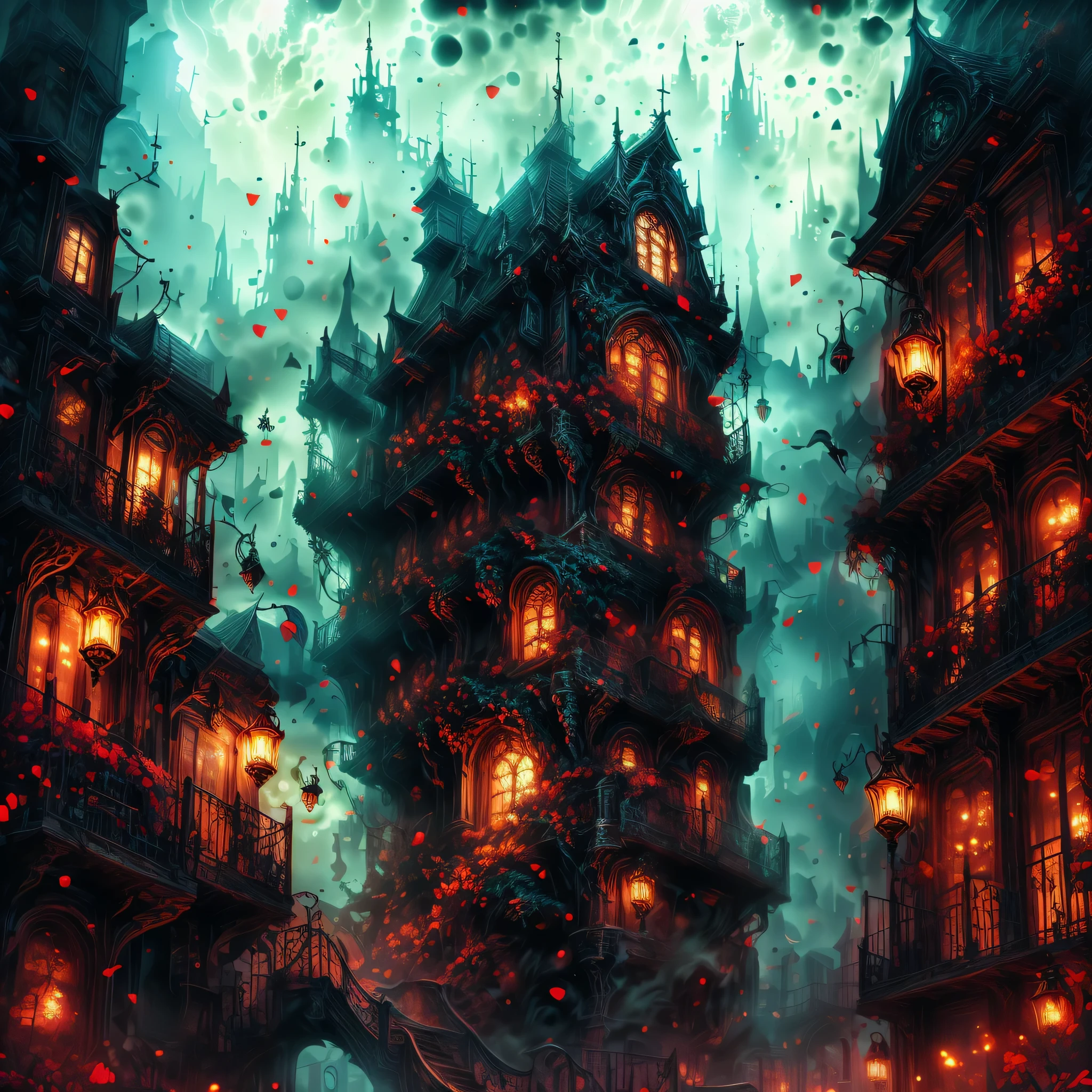 (surreal,High resolution,4K,masterpiece:1.2),(bright colors,Bokeh,artistic lighting),A fairytale town themed after Alice in Wonderland,children's storybook,beautifully detailed buildings,Whimsical landscapes,enchanting street,Playful characters,Wacky costumes and props,floating tea cup,wonderful mushrooms,Flower Embellishment,hidden door,Magic Tree,dreamy atmosphere,bright colors and contrasts,Fantasy Lighting Effects,fantastical scenes,dreamy atmosphere,captivating details,Pay attention to texture and pattern.