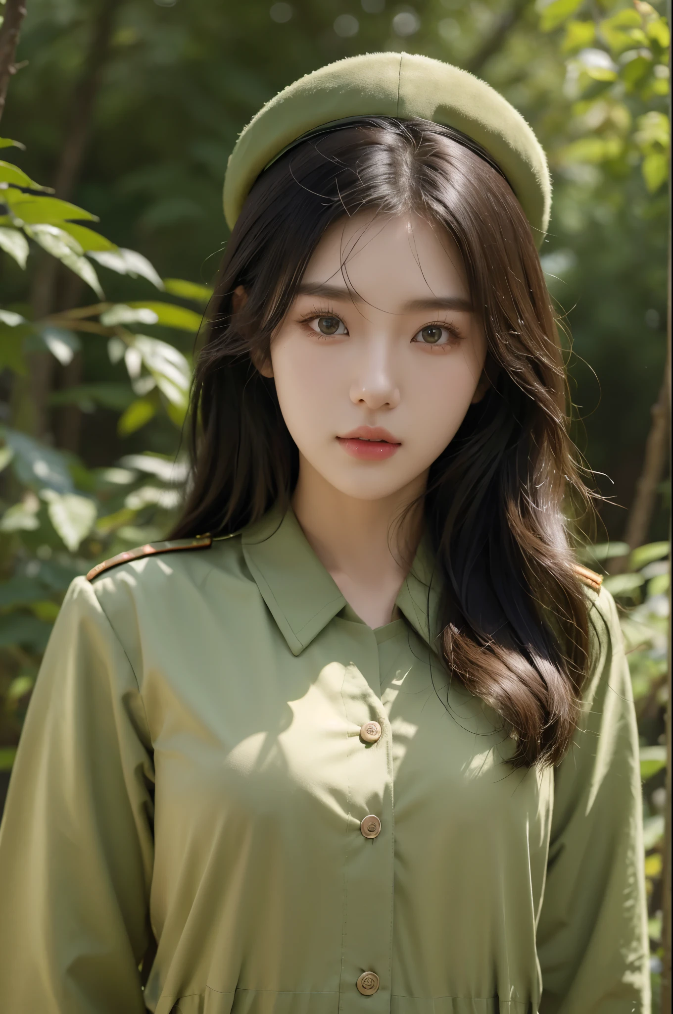 a Asian girl,North Korean soldier with heavy green clothes,here are some nameplate on the clothes,beautiful face,pretty,shining eyes,best quality,high resolution,masterpiece,romantic atmosphere,light and shadow contrast,big ,Roman nose,in the forest