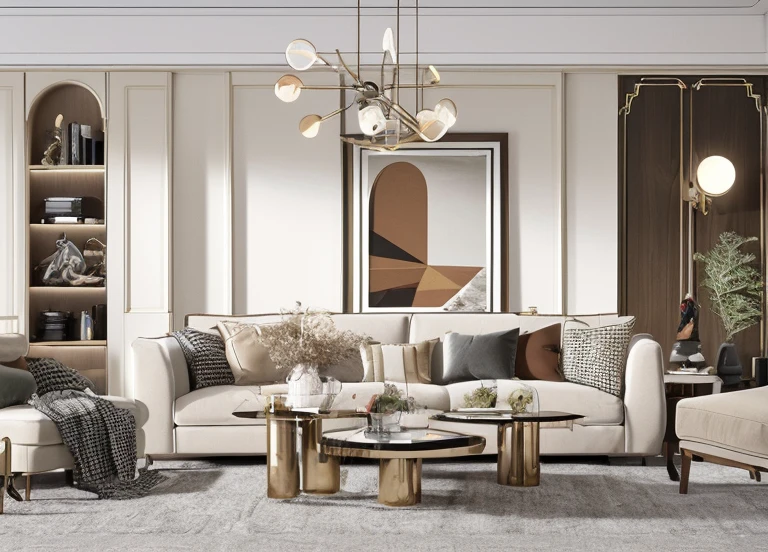 (best quality,4k,8k,highres,masterpiece:1.2),ultra-detailed,(realistic,photorealistic,photo-realistic:1.37), comfortable living space with a reasonable layout, dear, (sofa:1.3), (coffee table:1.3), (armchair:1.3), dining table with chairs, traditional design, crown holdings, emphasis on symmetry and order, classic decorative elements, branch-shaped chandelier and bookcase, neutral color scheme with pops of bold colors, jewel tones