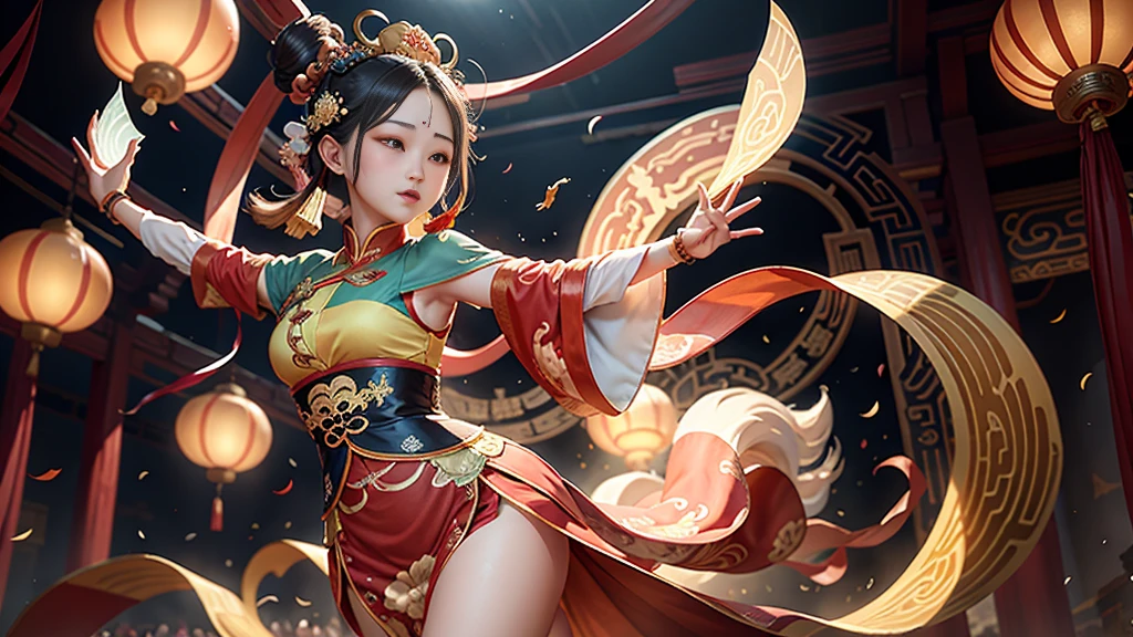 An ancient Chinese painting scroll，In the picture，The girl Chang&#39;e in gorgeous Hanfu，Charming，Curved eyebrows，slender eyes，Flying to the sky in Dunhuang style，Lightweight，The clothes are fluttering，like a dance in the air。She moves vigorously and gracefully，Complementing the ancient murals，During parkour，She makes some difficult moves from time to time，like rolling、jump、Taxi etc.，Elegant and agile posture，Combined with traditional Chinese cultural elements，Demonstrates the wisdom and strength of the Chinese nation，The whole picture is rich in color，with magnificence、Antique as the main tone。The bright colors of the murals in the Blue Rock Grottoes，Express youth and vitality；The girl Chang&#39;e&#39;s Hanfu is made of traditional Chinese red.、Bright yellow and other bright colors，Strong contrast with the background，Make the picture more vivid。The spectacular Dunhuang Grottoes in the background，Colors are warm，Showing the thickness and traces of time。In the picture心，A winding grotto corridor leads into the distance，The murals on both sides are lifelike，It's like telling an old story。There are also elements of traditional Chinese culture in the picture，Chinese dragon，Dragon culture，kite、paper lanterns、Chinese knot，national current，anime illustration，Featuring a playful character design style，Ultra high definition animation CG，3D rendering，Beautiful two-dimensional，Spring Festival poster，ultra HD16k