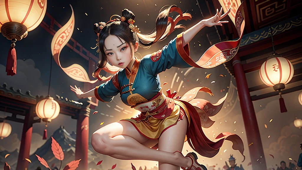 An ancient Chinese painting scroll,In the picture,The girl Chang'e in gorgeous Hanfu,Charming,Curved eyebrows,slender eyes,Flying to the sky in Dunhuang style,Lightweight,The clothes are fluttering,like a dance in the air。She moves vigorously and gracefully,Complementing the ancient murals,During parkour,She makes some difficult moves from time to time,like rolling、jump、Taxi etc.,Elegant and agile posture,Combined with traditional Chinese cultural elements,Demonstrates the wisdom and strength of the Chinese nation,The whole picture is rich in color,with magnificence、Antique as the main tone。The bright colors of the murals in the Blue Rock Grottoes,Express youth and vitality;The girl Chang'e's Hanfu is made of traditional Chinese red.、Bright yellow and other bright colors,Strong contrast with the background,Make the picture more vivid。The spectacular Dunhuang Grottoes in the background,Colors are warm,Showing the thickness and traces of time。In the picture心,A winding grotto corridor leads into the distance,The murals on both sides are lifelike,It's like telling an old story。There are also elements of traditional Chinese culture in the picture,Chinese dragon,Dragon culture,kite、paper lanterns、Chinese knot,national current,anime illustration,Featuring a playful character design style,Ultra high definition animation CG,3D rendering,Beautiful two-dimensional,Spring Festival poster,ultra HD16k