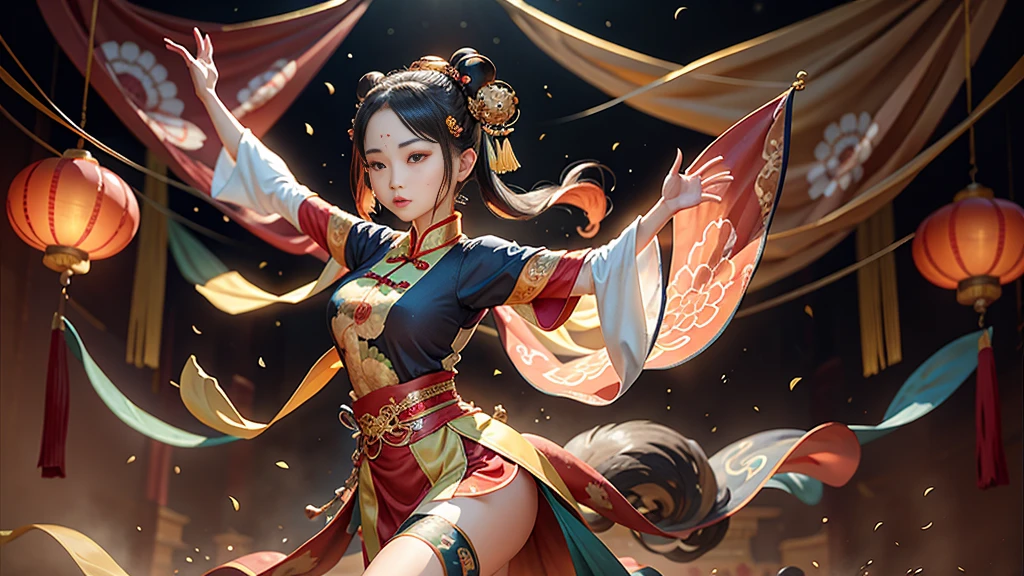 An ancient Chinese painting scroll,In the picture,The girl Chang'e in gorgeous Hanfu,Charming,Curved eyebrows,slender eyes,Flying to the sky in Dunhuang style,Lightweight,The clothes are fluttering,like a dance in the air。She moves vigorously and gracefully,Complementing the ancient murals,During parkour,She makes some difficult moves from time to time,like rolling、jump、Taxi etc.,Elegant and agile posture,Combined with traditional Chinese cultural elements,Demonstrates the wisdom and strength of the Chinese nation,The whole picture is rich in color,with magnificence、Antique as the main tone。The bright colors of the murals in the Blue Rock Grottoes,Express youth and vitality;The girl Chang'e's Hanfu is made of traditional Chinese red.、Bright yellow and other bright colors,Strong contrast with the background,Make the picture more vivid。The spectacular Dunhuang Grottoes in the background,Colors are warm,Showing the thickness and traces of time。In the picture心,A winding grotto corridor leads into the distance,The murals on both sides are lifelike,It's like telling an old story。There are also elements of traditional Chinese culture in the picture,Chinese dragon,Dragon culture,kite、paper lanterns、Chinese knot,national current,anime illustration,Featuring a playful character design style,Ultra high definition animation CG,3D rendering,Beautiful two-dimensional,Spring Festival poster,ultra HD16k