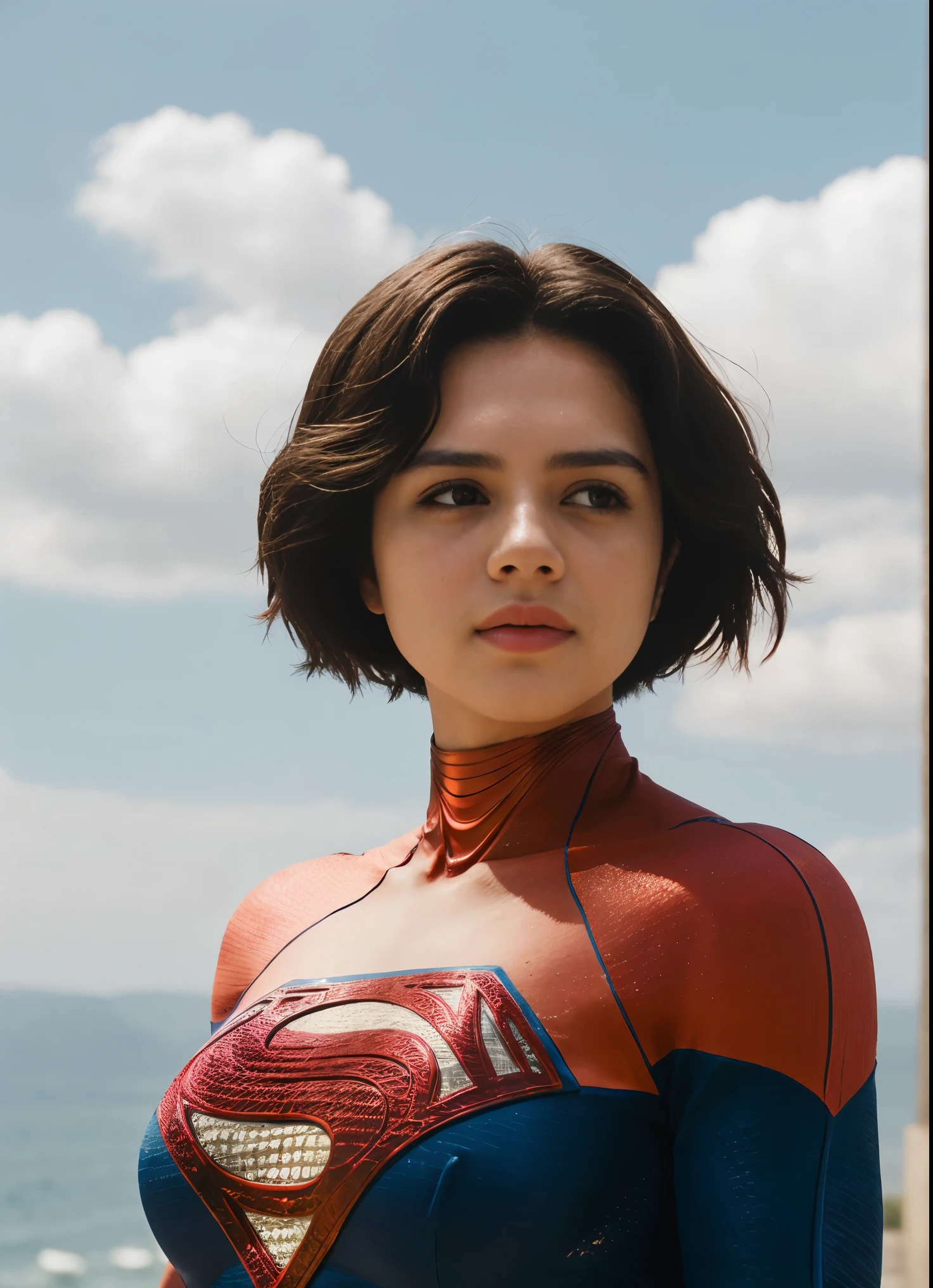 Foto de Supergirl, cabelo curto, May, capa, dia ensolarado ao ar livre, Background sky, analog style (olhe para o visualizador:1.2) (textura da pele), Fujifilm XT3, dslr, 50mm  