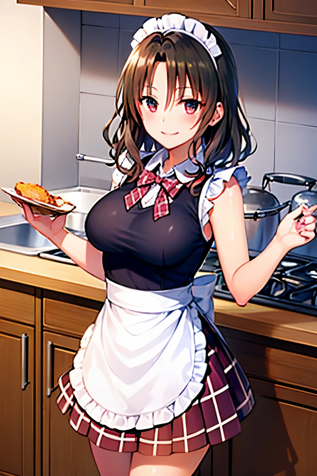 black hair、Gingham Plaid　Blue and white　pleated skirt、Ruffled apron　pink、maid headband、big breasts、smile、Are standing、kitchen　In the middle of the meal