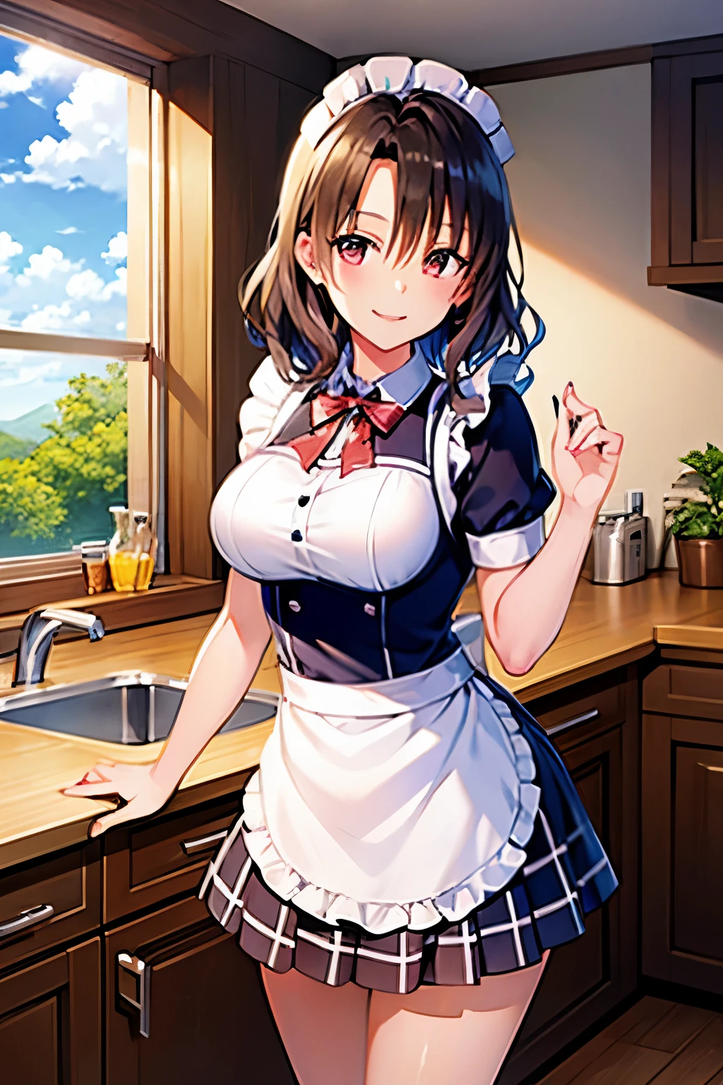 black hair、Gingham Plaid　Blue and white　pleated skirt、Ruffled apron　pink、maid headband、big breasts、smile、Are standing、kitchen　In the middle of the meal