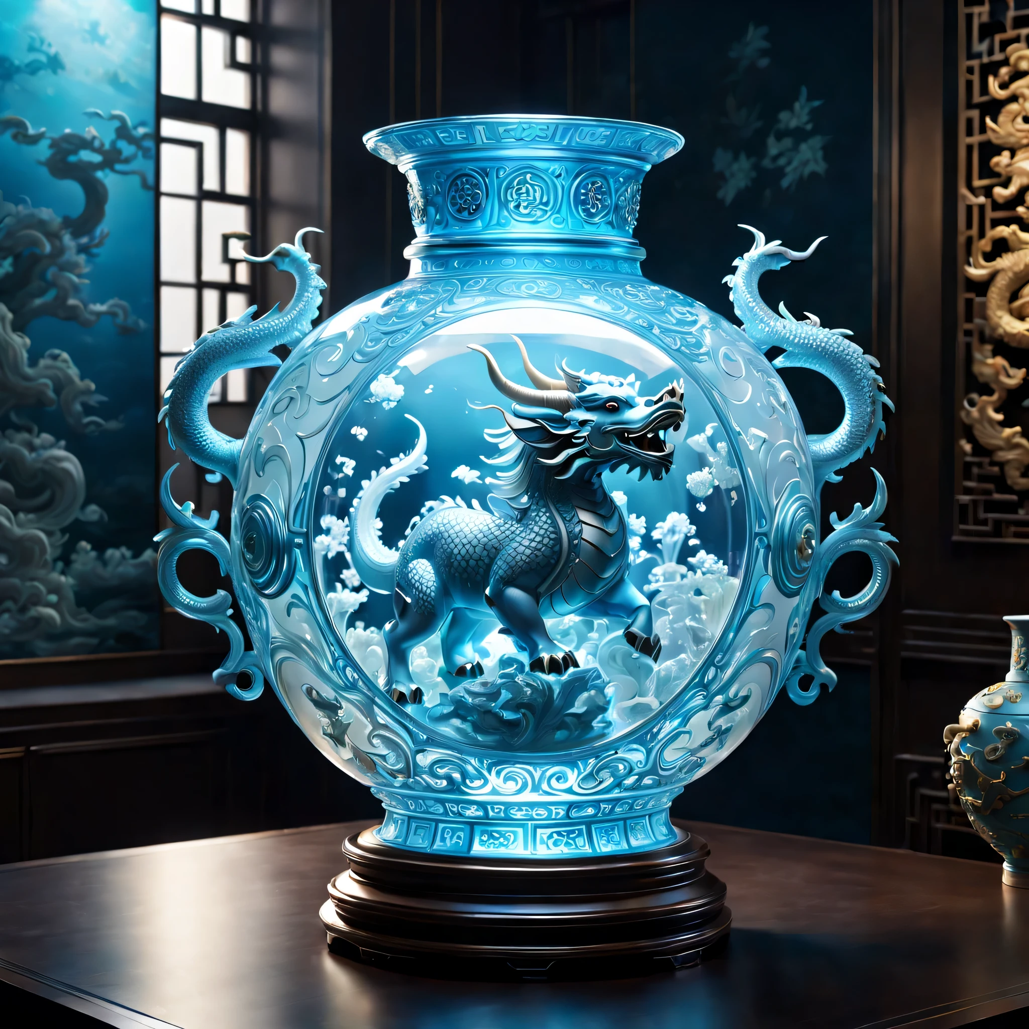 An oriental style vase is displayed in an empty room,There is a dragon ox inside, RococoStyle, Crystal nuclei, Realistic light depiction, interesting and complex, light blue, hidden academia, World pattern,The body of the vase is illuminated by light, RococoStyle, futuristic elements, Crystal nuclei, Chinese iconography, swirl, light blue, giant money sculpture, Futuristic fantasy style, light blue, An intricate underwater world, Realistic light depiction, clear colors, Crystal nuclei, Light cyan and white, An intricate underwater world风格, Crystal nuclei, chinapunk, swirl, light blue, Glowing portrait, light box,(best quality,4K,8k,high resolution,masterpiece:1.2),super detailed,(actual,realistically,lifelike:1.37),extremely detailed glass vase,There is a dragon ox on it,super detailedscp神器可以,Complex and gorgeous anime CGI style,Exquisite renderings of the Tang Dynasty,Better than Paul and James Ginn,complex artwork. Guilty car rendering,Complex 8K rendering,8k vray rendering,rendering art,filled with glass. Computer Graphics Association,High quality rendering