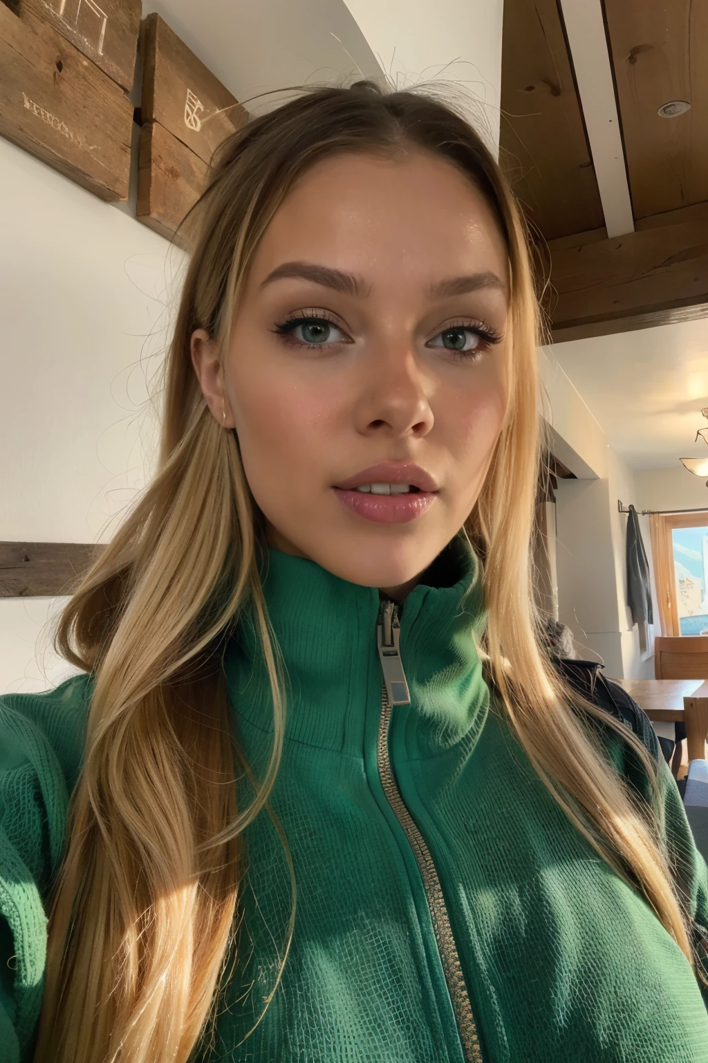 russian instagram model, her name is Anna, ultra realistic, realism, highly detailed, amazing body, charming beauty, sexier facial features, pure beauty, green eyes, blonde, sfw, aesthetic teeth, While on a ski holiday in Switzerland.