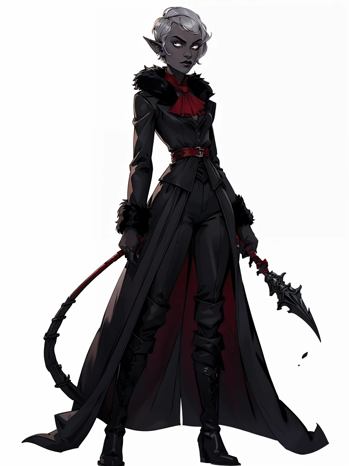 full body portrait, 1girl, short combed hair, pixie cut, silver hair, forehead, drow, black lipstick, fur coat, red high-collared shirt, ascot, high collar, solo, blank background, white background, outside, gothic fantasy art, long pointy ears, high laced boots, bullwhip, wide hips, flat-chested