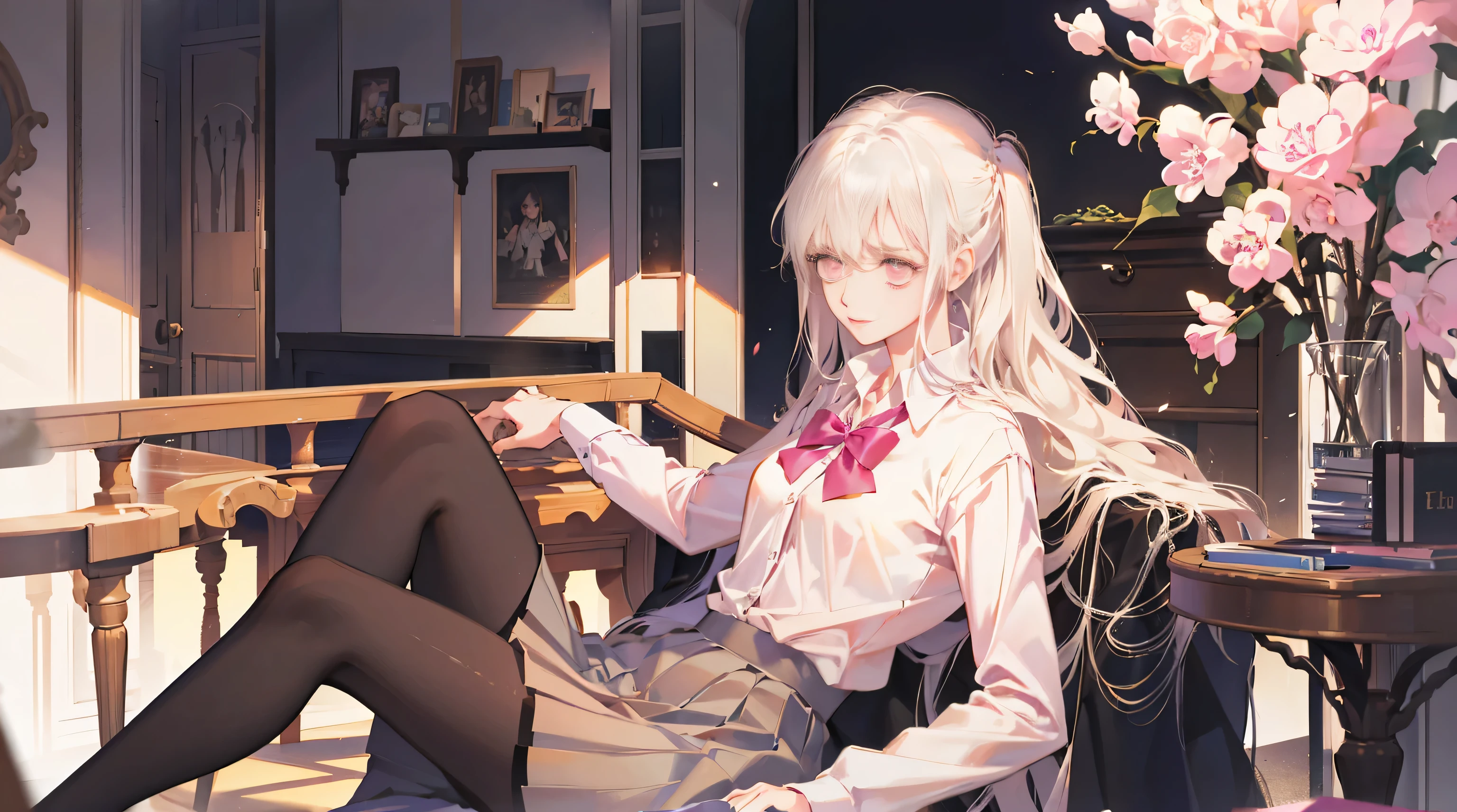 best quality, masterpiece, 1 girl, student, white hair, long hair, pink eyes, medium breasts, collared shirt , pleated skirt, Brown cardigan , black stockings, sitting, extremely delicate and beautiful girl, extremely delicate and beautiful, Beautiful and delicate eyes