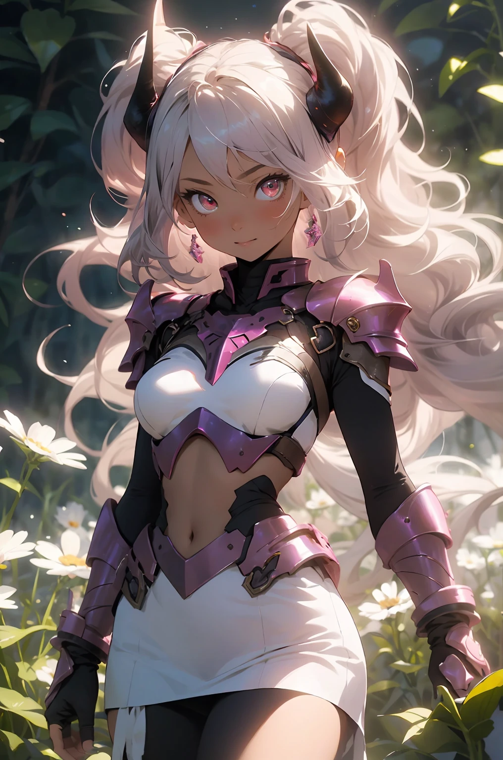be realistic，（masterpiece，highest quality，highest quality，very detailed，fractal art，most detailed，（Background of the flower garden：1.5）（1 girl），Kamimei，（Twintails with pink hair），（Red eyes glow、Breasts get bigger，stunned)，crystallization，sexy、pink machine armor、tanned skin、devil&#39;s horns、Blake、berserk , (Burning White Flame:1.4),(white pencil skirt)、lots of flowers