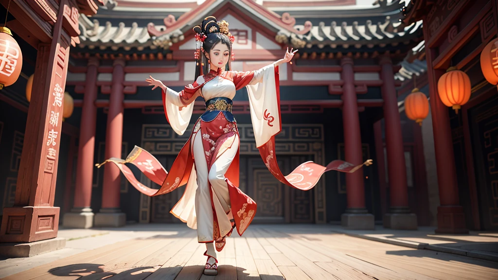 An ancient Chinese painting scroll,In the picture,The girl Chang'e in gorgeous Hanfu,Charming,Curved eyebrows,slender eyes,Flying to the sky in Dunhuang style,Lightweight,The clothes are fluttering,like a dance in the air。She moves vigorously and gracefully,Complementing the ancient murals,During parkour,She makes some difficult moves from time to time,like rolling、jump、Taxi etc.,Elegant and agile posture,Combined with traditional Chinese cultural elements,Demonstrates the wisdom and strength of the Chinese nation,The whole picture is rich in color,with magnificence、Antique as the main tone。The bright colors of the murals in the Blue Rock Grottoes,Express youth and vitality;The girl Chang'e's Hanfu is made of traditional Chinese red.、Bright yellow and other bright colors,Strong contrast with the background,Make the picture more vivid。The spectacular Dunhuang Grottoes in the background,Colors are warm,Showing the thickness and traces of time。In the picture心,A winding grotto corridor leads into the distance,The murals on both sides are lifelike,It's like telling an old story。There are also elements of traditional Chinese culture in the picture,Chinese dragon,Dragon culture,kite、paper lanterns、Chinese knot,national current,anime illustration,Featuring a playful character design style,Ultra high definition animation CG,3D rendering,Beautiful two-dimensional,Spring Festival poster,ultra HD16k
