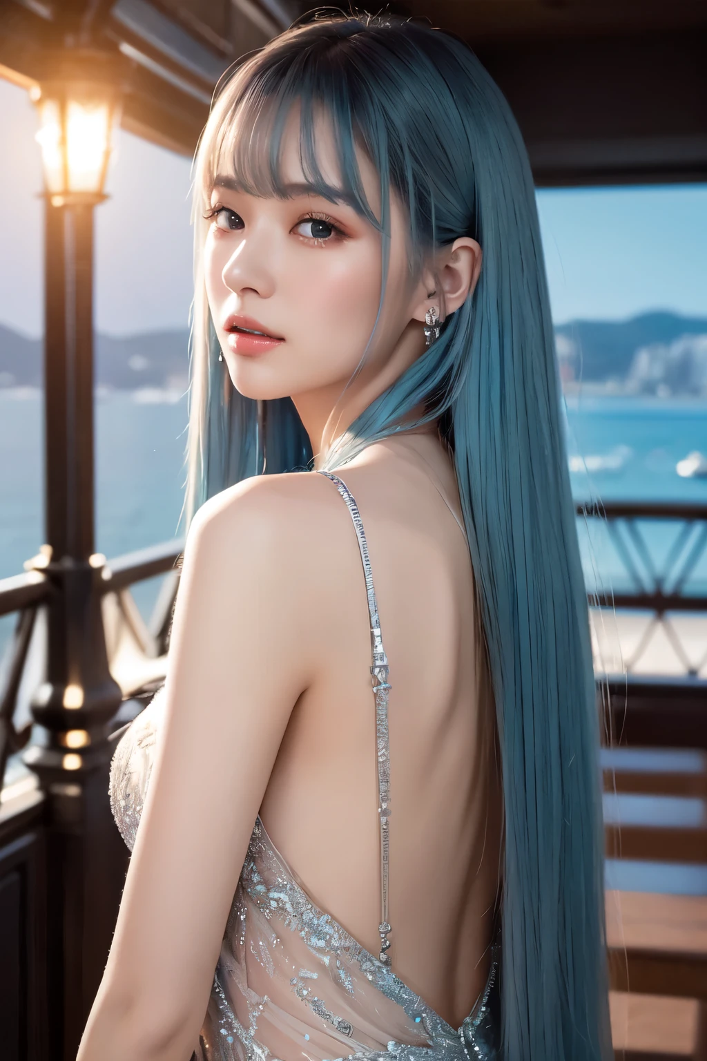 （In 8K, best quality, muste piece:1.2)、ultra high resolution、20-year-old beautiful woman,ultra-detailed face,detailed eyes,long eyelashes,Black eyes,glossy lips,brush,BREAK,silver blue hair,straight hair、long hair,blunt bangs,BREAK, mermaid sheer dress,cinema lighting、Titanic with sea view,Are standing,detailed hand fingers、solo、look back