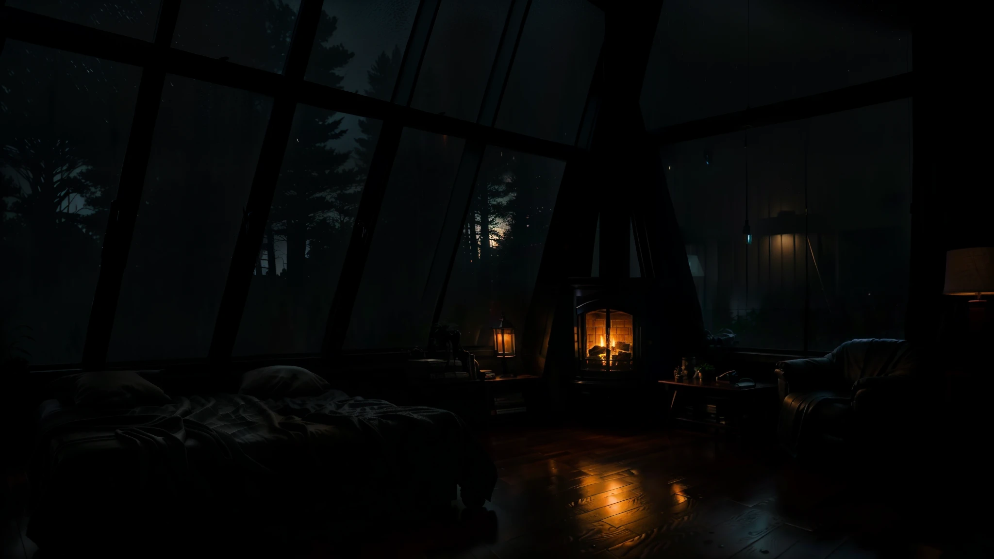 dimly lit room with table, shelves arranged with books, cool rainy night, cozy place, heavy rain at night, comfortable environment, rain outside, large window overlooking the forest, moody cinematic atmosphere, atmosphere cozy, cozy living room, rainy night mood, cozy rain, gloomy lighting, gloomy cinematic lighting, cabin in the woods, cozy enchanting view, gloomy cinematic lighting, cozy living room background, cozy and peaceful atmosphere, with fireplace warm rooms, dark interiors, unreal cinematic views, unreal machines