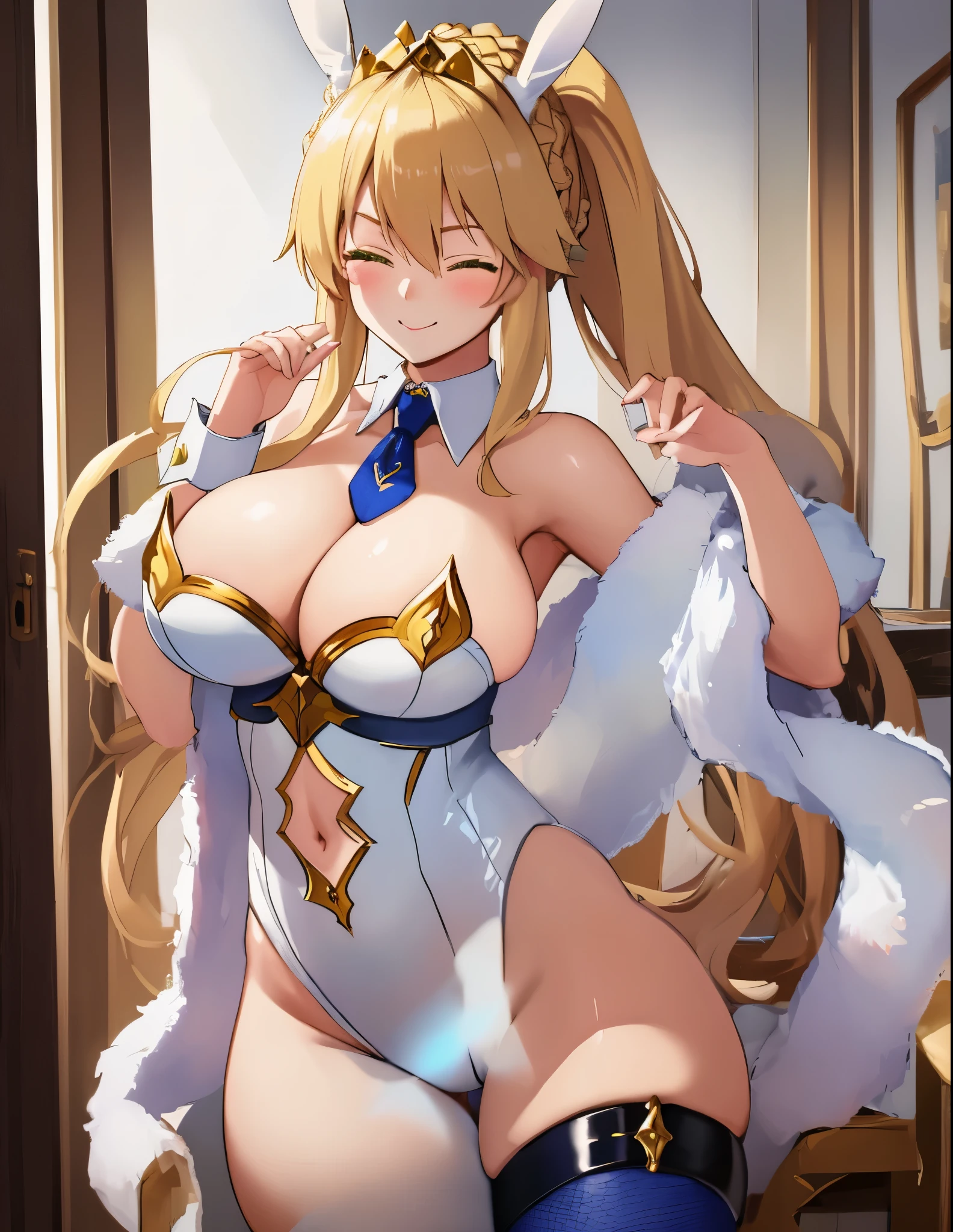 masterpiece, best quality, absurdres, soft lighting, looking at viewer, soght_smile:0.7), wink, one eye closed,
1girl, ahoge, rabbit ears, playboy bunny, artoria pendragon \(swimsuit ruler\) \(fate\), large breasts , blonde hair, green eyes, french braid,  pony tail
bare shoulders, large breasts , cleavage,
clothing cut out, wrist cuffs, detached collar, navel cutout, feather boa,
white leotard, blue necktie, blue pantyhose, single thigh strap, hands behind head,
white background,