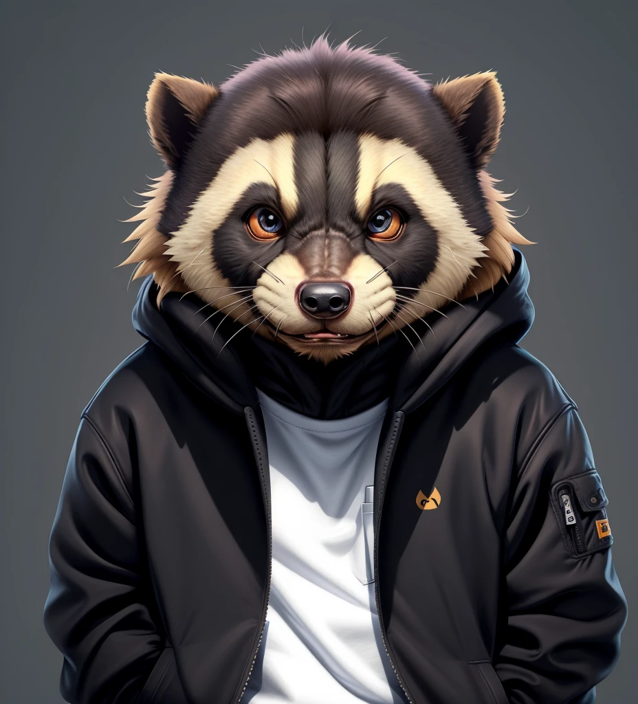 Anthropomorphic honey badger flat-headed brother,Small head shape,Playful expression,The corners of the mouth are slightly upturned。A jacket worn over the upper body,Put your hands in the pocket of your jacket,Wear a hoodie underneath,The hoodie has 2 words written on it