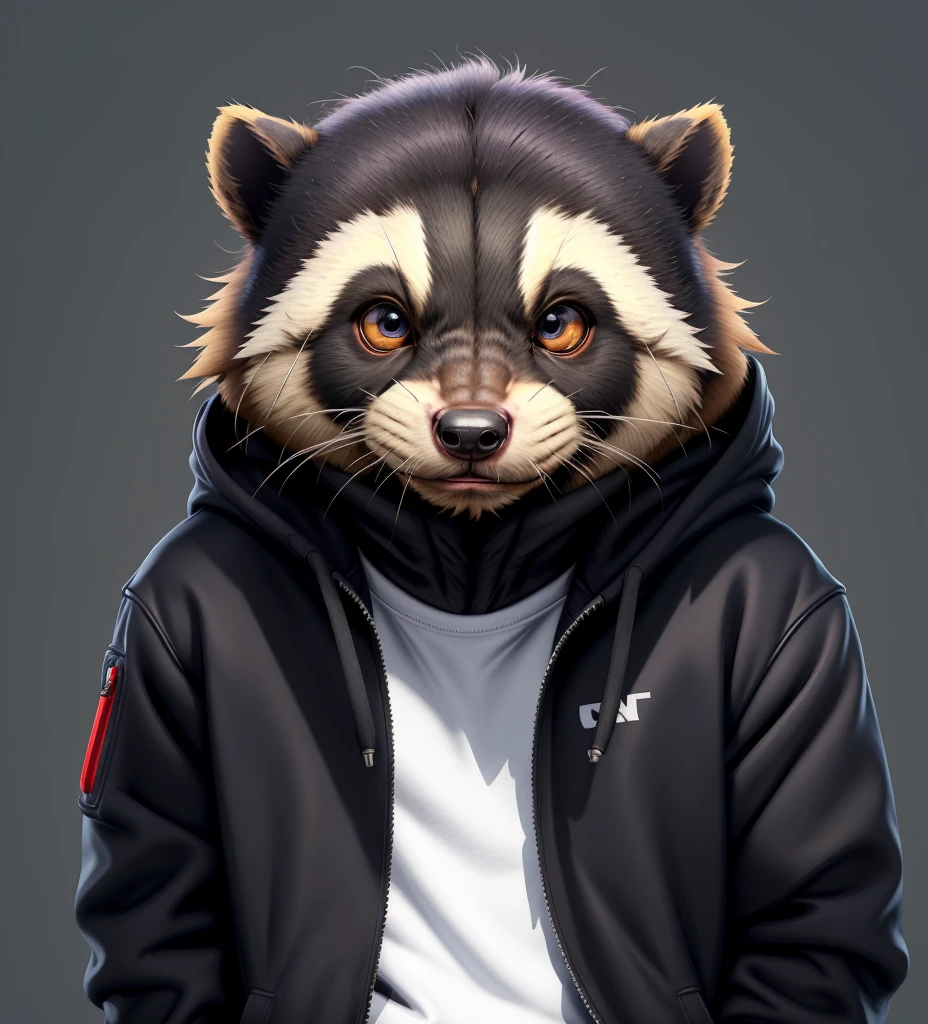 Anthropomorphic honey badger flat-headed brother，Small head shape，Playful expression，The corners of the mouth are slightly upturned。A jacket worn over the upper body，Put your hands in the pocket of your jacket，Wear a hoodie underneath，The hoodie has 2 words written on it