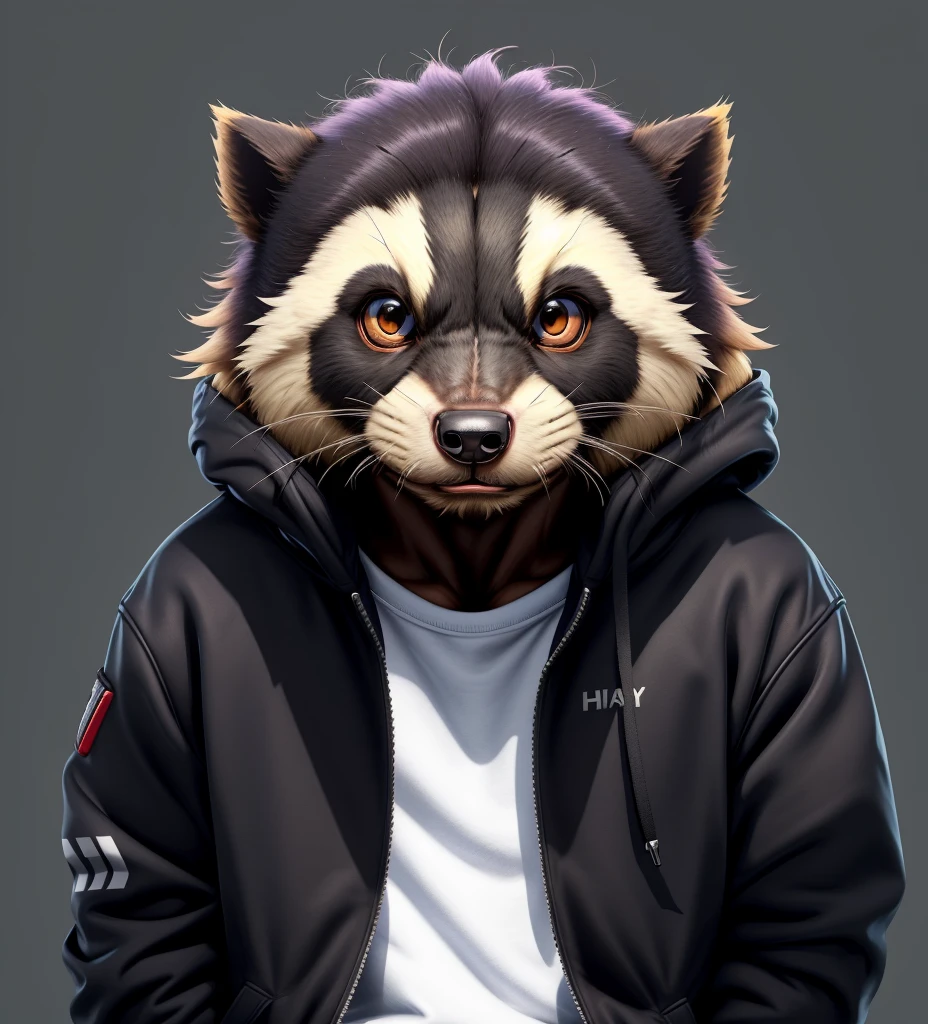 Anthropomorphic honey badger flat-headed brother，Small head shape，Playful expression，The corners of the mouth are slightly upturned。A jacket worn over the upper body，Put your hands in the pocket of your jacket，Wear a hoodie underneath，The hoodie has 2 words written on it