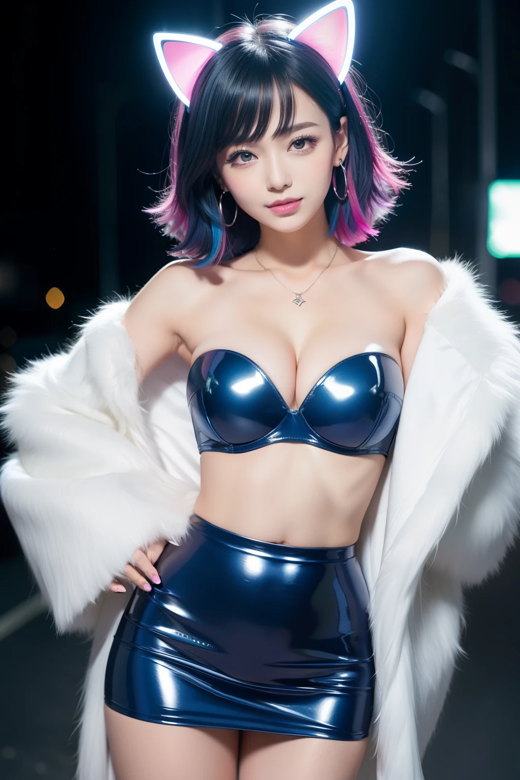 female idol、nude lip gloss、smiling face、cat-eye makeup、full body Esbian、shiny very large earrings(neon indigo)、shiny very large necklace(neon indigo)、(shiny glossy latex tight strapless bra(neon indigo))、(shiny glossy latex tight mini skirt(neon indigo))、clutch(neon indigo)、((multicolor short hair(neon indigo)))、long white fluffy fur coat with white fluffy fur(bright white)、conceptual art, High quality, Realistic, extremely detailed CG unified 8k wallpaper, highly detailed, High-definition raw color photos, professional photography, Realistic portrait, Cinematic Light, Beautiful detailed, Super Detail, high details, (((Bokeh))), depth of fields, illumination, Neon Street, Super stylish lighting