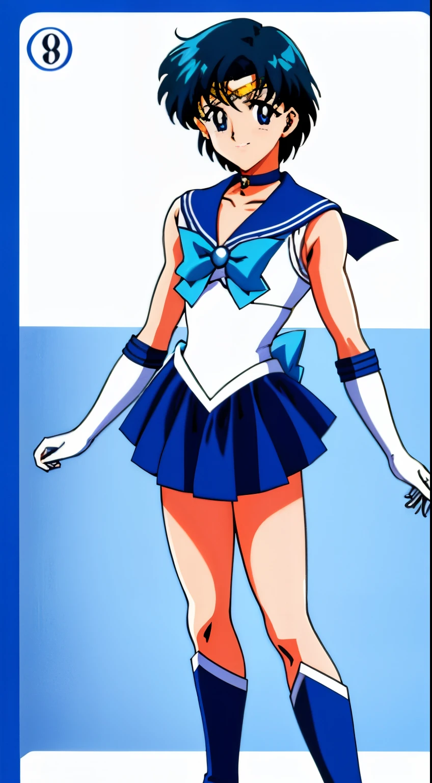 Top Quality Anime Art、masterpiece、high definition anime art、アニメstyle8K、High resolution、Boy standing、Very short blue-haired boy、jewelry、Blue-eyed boy、Golden Circlet、earrings、solo、Strong muscles、Sailor Senshi Uniform、Muscular and strong、white gloves、elbow bag、blue choker、Blue Heeled Boots、white leotard、high leg leotard、white dress、blue sailor collar、Sky blue bow tie、mini skirt、pleated skirt、blue skirt、muscular man、smile、Bare shoulders、bare legs、Hymns to the King as a Prince, an retro anime image、Full body close-up shot、anime dick. Rogue Anime Boy、soft lighting、male focus、(1990s\(style\)0.9)、