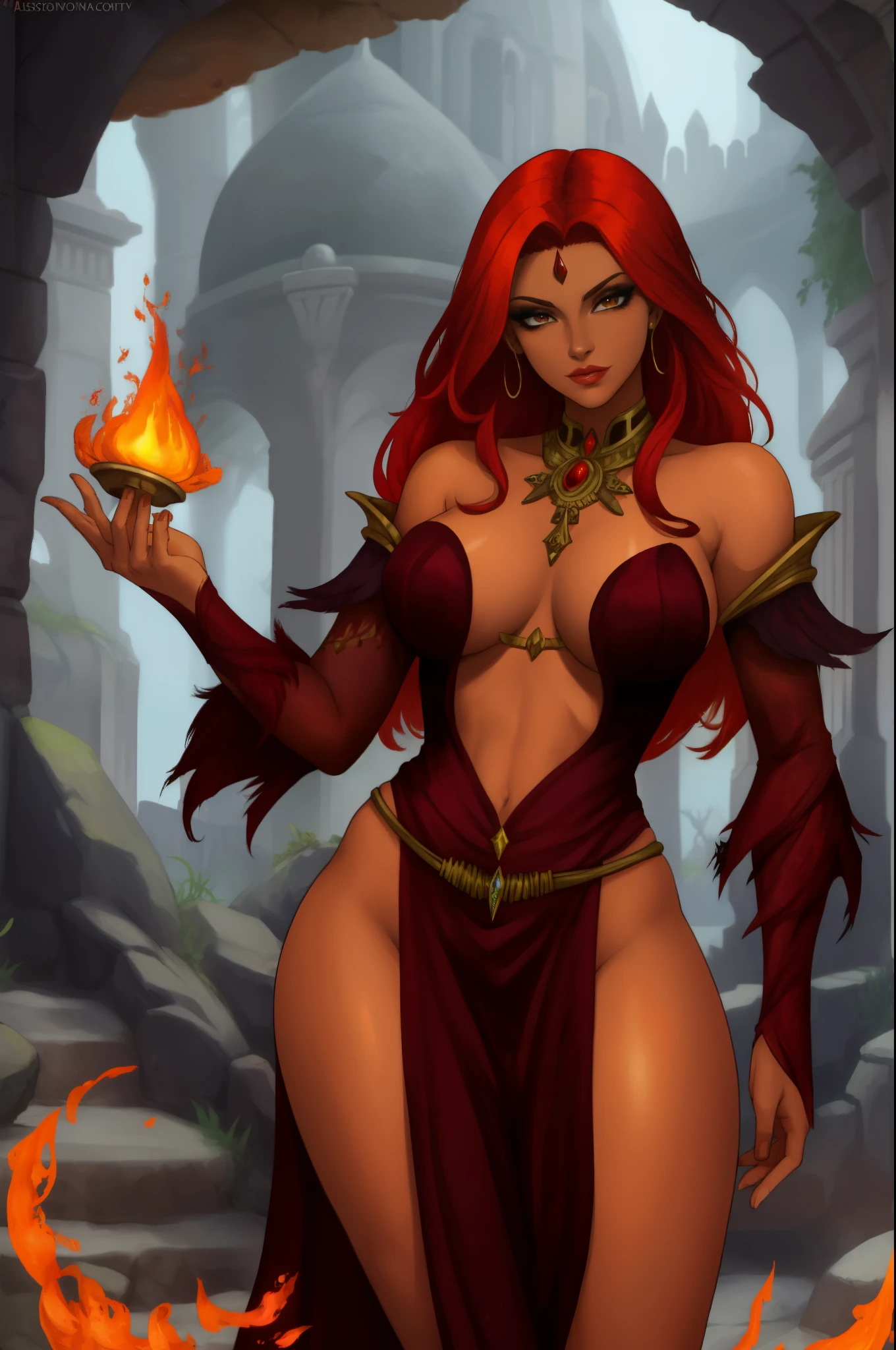 Fantasy Female sorceress, fiery red hair, latina, dark skin