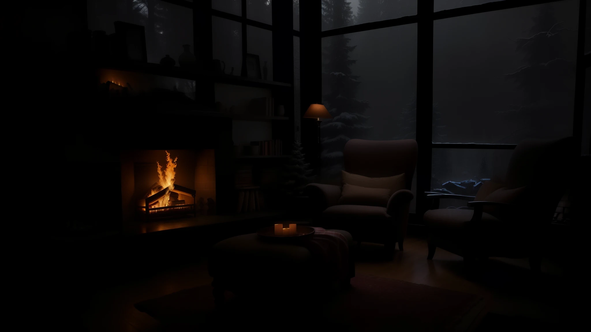 describes a comfortable indoor atmosphere at night or late at night. large windows overlooking the forest, A roaring fire burns brightly in the fireplace, illuminating parts of the room and casting shadows in others.gloomy lighting, , gloomy cinematic lighting, cabin in the woods, rain at night, atmospheric rendering, inside cabin, rendered scene, low-lit scene, low-lit dark scene, Armchair placed near the fireplace; it's inviting and looks comfortable. A blanket casually covered one side. Outside the large windows, the rain was pouring down, covering the trees and creating a monsoon wonderland scene that contrasted with the warmth inside. A shelf containing various items visible next to the fireplace adds character to this living room