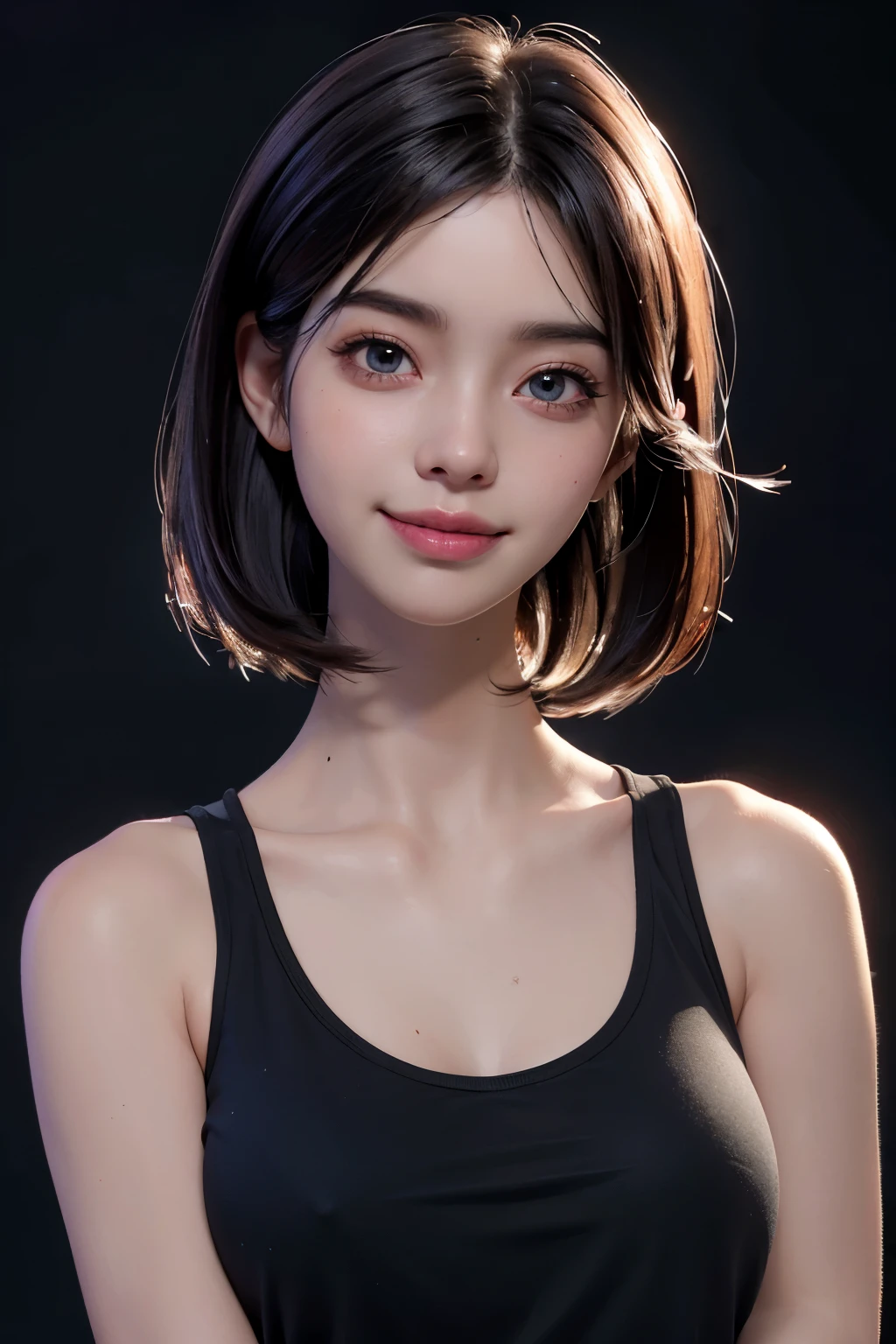 (Ultra Real), (High Resolution), (8K), (Very Detailed), (Beautiful Detailed Eyes), (Best Quality), (Ultra Detailed), (Masterpiece), (Wallpaper), (Detailed Face), Night, Upper Body Up, Smile, Simple Pink Tank Top Girl, kpop, 1girl, in the dark, deep shadow, low key, cowboy shot, black hair, bob hair