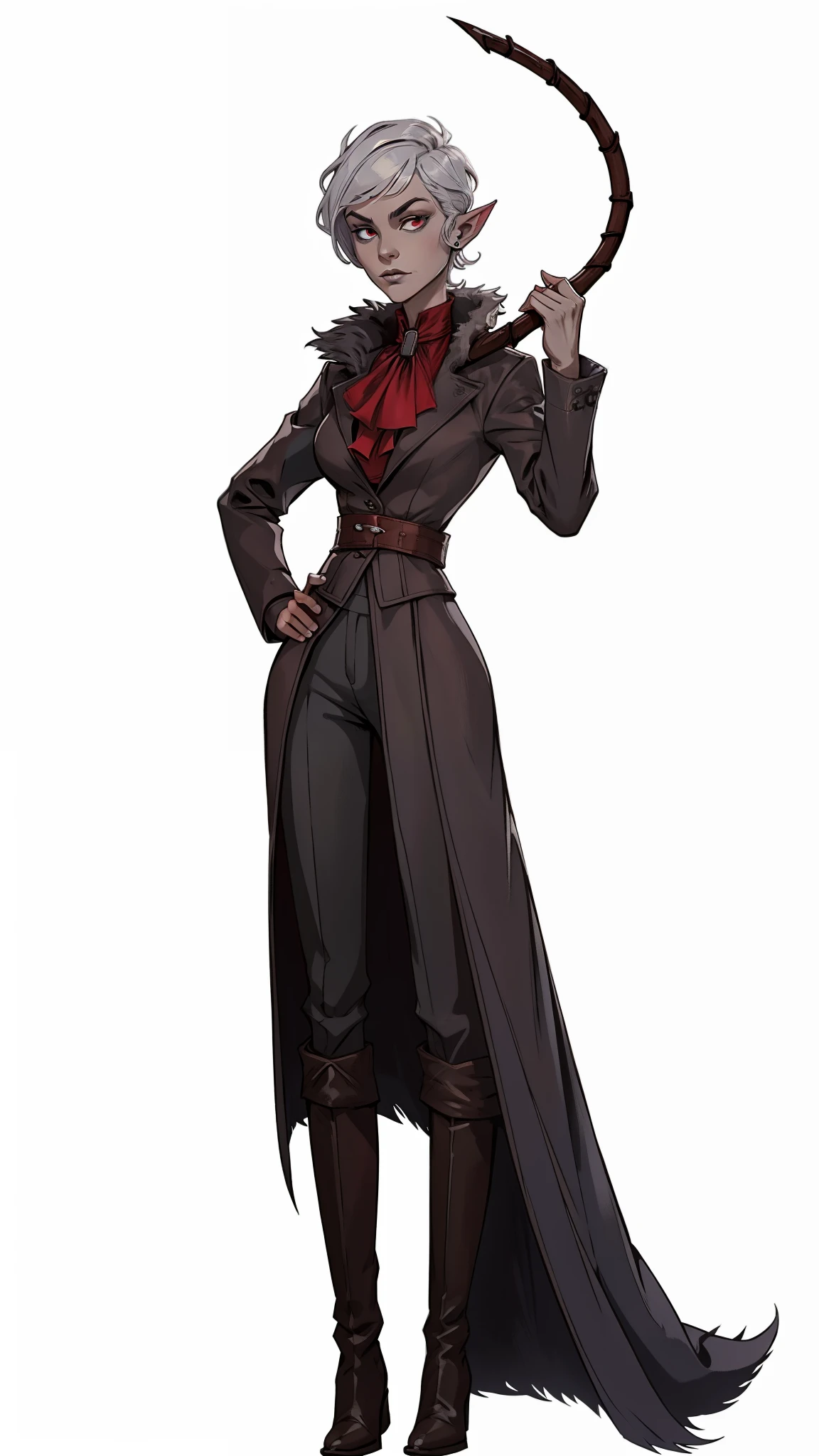 full body portrait, 1girl, short combed hair, pixie cut, silver hair, combed hair, forehead, drow, fur coat, red high-collared shirt, ascot, high collar, solo, blank background, white background, outside, gothic fantasy art, long pointy ears, high laced boots, bullwhip, wide hips, flat-chested