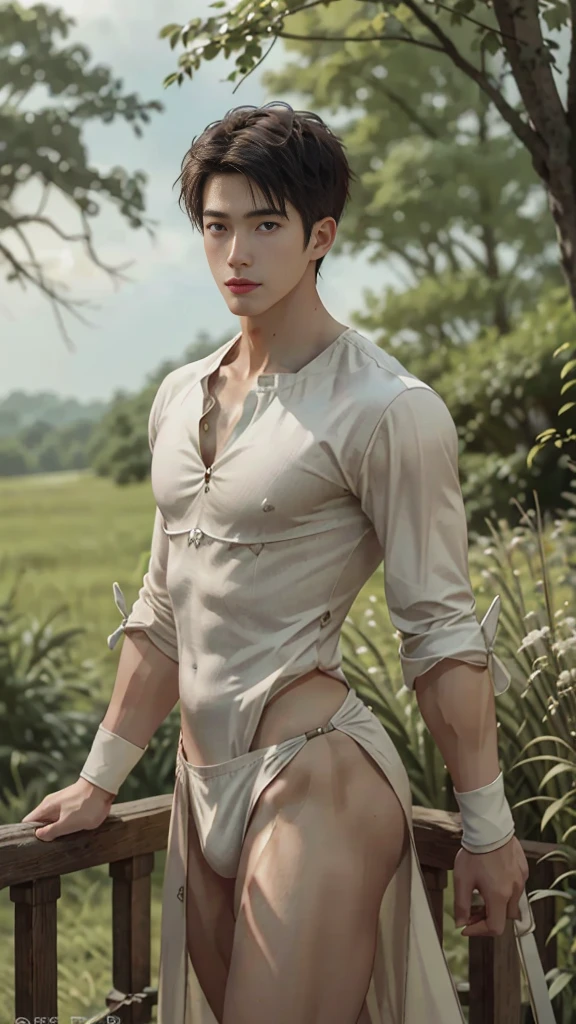 1 person, 美丽的眼睛和details on face, Masterpiece, best quality best, close cleavage, 健美body of, (model) Hot skin, Masterpiece, best quality, The most handsome man in the world., Tan Kuan, perfect body, beautiful model, Attractive men bring beauty between the ages of 18-24., เบ่งบานในsummer, Green Lawn, summer, different, tree , flower, sky, Bai Yun, A strong, handsome young man with clear white cloth., Revealing the chest muscles, upper leg,White and clear all over)), (male focus), (光滑body of)), smile, Super cute., dynamic, Cool poses, Stunning light, full body photo, full body photo, young face, pic, body of, Tall and slender, Tight figure, draw, white or white , Baby Face, 健美body of, KHD, Natural skin tone, gentle light, which is very detailed, Viewer's perspective, Photography of, Sensitive skin, real person, realistic, Lens, Crazy details, details on face, Maximum magnification, realistic exaggeration, Cinematic lighting, long focus, Intricately detailed lighting elements, Highly detailed, Highly detailed, digital painting, art station , concept art, Smooth focus, sharp, Enlightenment, Unreal5 engine, 8ก, art:Ross Tran、Greg Rutkowski and Alphonse Mucha, 超KHD, 8ก, Exhibited for men only .8g Ultra HD, SLR camera, low beam, High quality, Cinematic lighting grain, FujiCinematic lighting XT3, Boyfriend, Version 2, No pants.