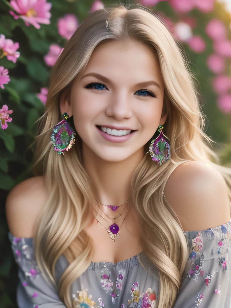 best quality, masterpiece, ultra detailed, 8K, RAW photo, a beautiful student model, flowy long blond hair, off shoulder, grey eyes, kind smile, intricate jewelry, necklace, earrings, bliss, joyful, floral hedge background, vibrant color, colorful, depth of field, 35mm Lens, f1.8, film grain, colorful