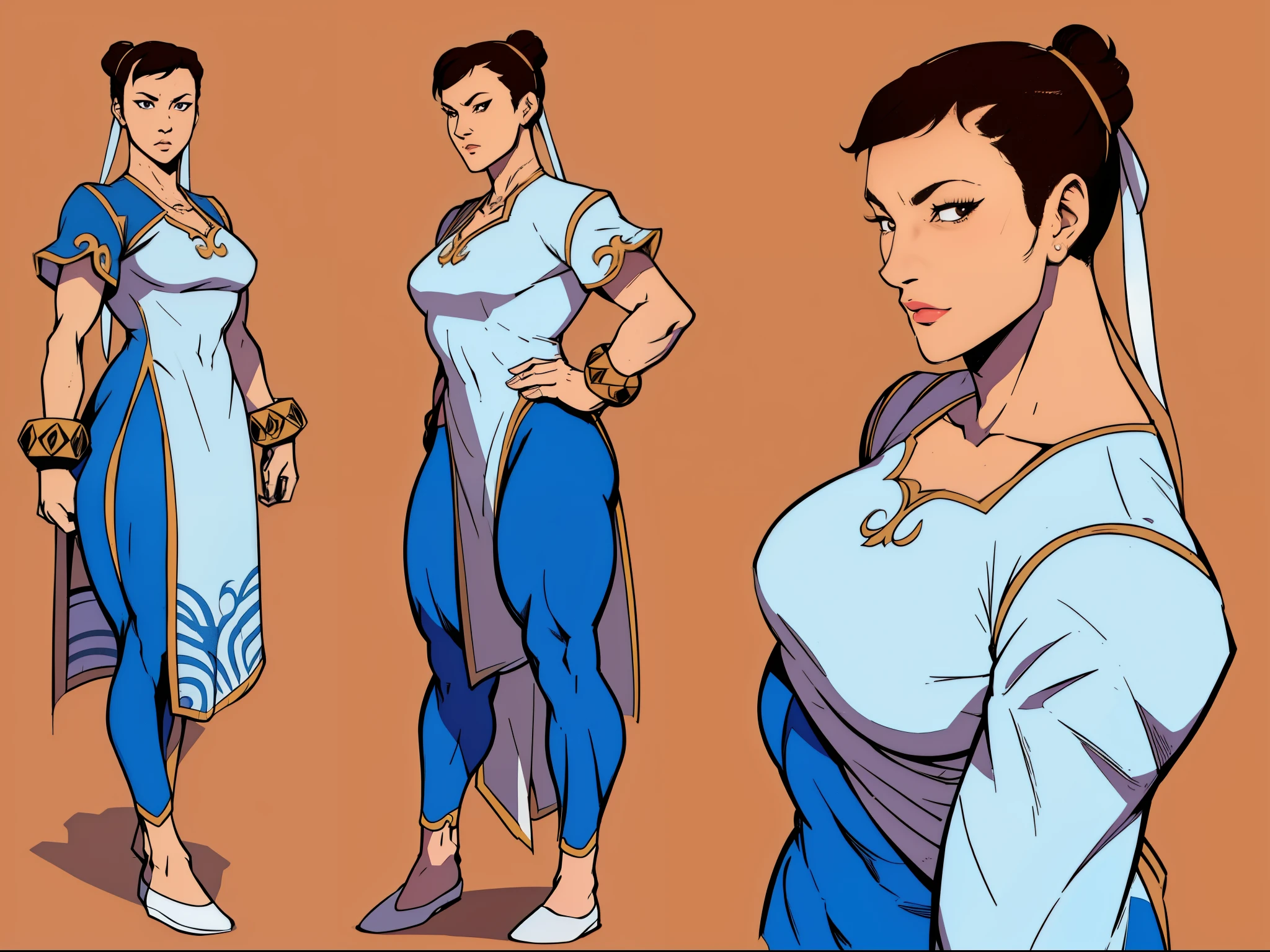 ((masterpiece)), (((best quality))), ((character design sheet)), ((full body view)) illustration,1girl, ((detailed face:1.4)) beautiful woman, ((Chun li)), short brown hair, brown hair, brown eyes, double bun, hair ribbon, white dress, pelvic curtain, blue pants, bangles, upper body, rough sketches, pose, 8k,16k, (background, white background: 1.3)