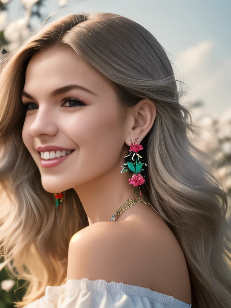 best quality, masterpiece, ultra detailed, 8K, RAW photo, a beautiful student model, flowy long blond hair, off shoulder, grey eyes, kind smile, intricate jewelry, necklace, earrings, bliss, joyful, floral hedge background, vibrant color, colorful, depth of field, 35mm Lens, f1.8, film grain, colorful