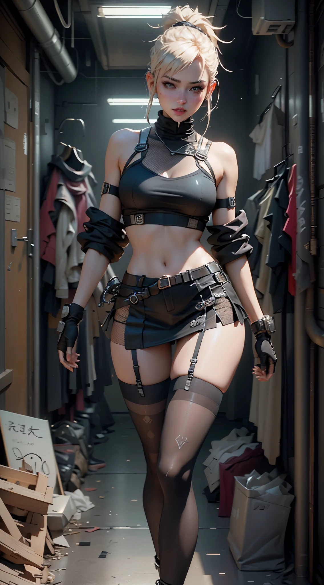 Unreal Engine:1.4,Hyperrealistic K CG, lifelike:1.4, Texture:1.4, masterpiece:1.4,Running beautiful woman with babydoll lingerie、Short cyberpunk style clothing, fishnets pantyhose , Blue miniskirt,