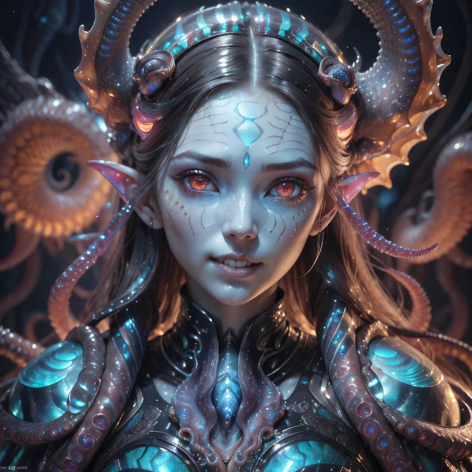best quality, masterpiece, ultra high resolution, (photos realistic:1.7), scary and sexy detailed art in color, Portrait, (beautiful and obscene female alien:1.4), (vulgarity1.7), (she has red eyes with no pupils:1.8), (She has translucent pale skin:1.7), (There is a female genital-like organ in the middle of the forehead:1.95), (She has the most beautiful face in the history of the universe:1.2), (She has multiple bioluminescent organs on the side of her tentacles:1.4), (Her body is covered with an iridescent exoskeleton:1.3), (She is showingh her arm pits:1.4), an evil gaze that seduces, (large mouth:1.1), (sharp teeth like a vampire:1.2), Full body portrait, (bio luminescent:1.5), (Smile wickedly:1.3), (sexypose:1.5), alien, No humans, cells are fused, (There are lots of translucent tentacles from her head:1.3) extraterrestrial, cell, bio image, best quality, 8K,In 4K_quality, High freshness, Dramatic Lighting, cinematic quality, detail up, (exquisite details:1.2), High freshness, drawing faithfully, (Thick eyebrows:1.2), Beautiful eyes with fine symmetry,(Highly detailed face and eyes:1.2),(Super detailed skin quality feeling:1.4), perfect anatomy, (Beautiful toned body:1.5), (Moist skin:1.2), not wearing makeup, (dark circles:1.1), long canines, cinematic drawing of characters, cinematic quality, detail up, (exquisite details:1.2), high resolution, High freshness, drawing faithfully, official art, Unity 8K Wall paper, ultra detailed artistic photography, midnight aura, unreal engine 5, Ultra Sharp Focus, art by Amano Yoshitaka, ArtGerm, Roisch, intricate artwork,ultra realistic realism, dream-like, nautilus, Creation of fantasy, dream Snail, (biopunk nautilus:1.3),Thrilling color schemes, seductively smiling, Blue tentacles, Amazing mutation, well-proportioned body, goddess of the deep sea, fractal, Geometric pattern, impossible figures,(asymmetry:1.4), (white tentacles with blue stripes:1.4), subtle emerald green accents, (expression of ecstasy:1.6)