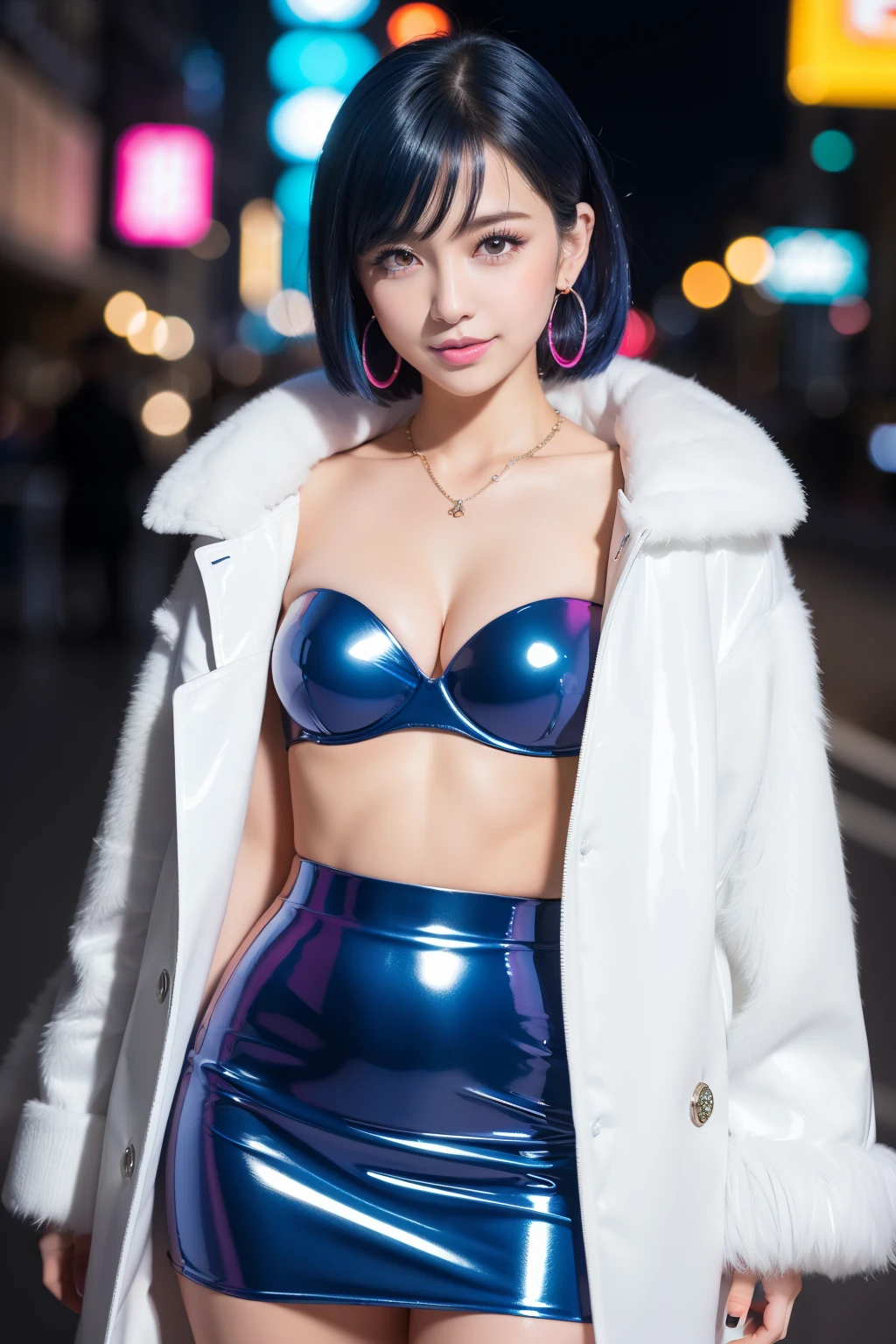 female idol、nude lip gloss、smiling face、cat-eye makeup、full body Esbian、shiny very large earrings（neon indigo)、shiny very large necklace（neon indigo)、(shiny glossy latex tight strapless bra（neon indigo))、(shiny glossy latex tight mini skirt（neon indigo))、clutch（neon indigo)、((multicolor short hair（neon indigo)))、long white fluffy fur coat with white fluffy fur（bright white)、conceptual art, High quality, Realistic, extremely detailed CG unified 8k wallpaper, highly detailed, High-definition raw color photos, professional photography, Realistic portrait, Cinematic Light, Beautiful detailed, Super Detail, high details, (((Bokeh))), depth of fields, illumination, Neon Street, Super stylish lighting