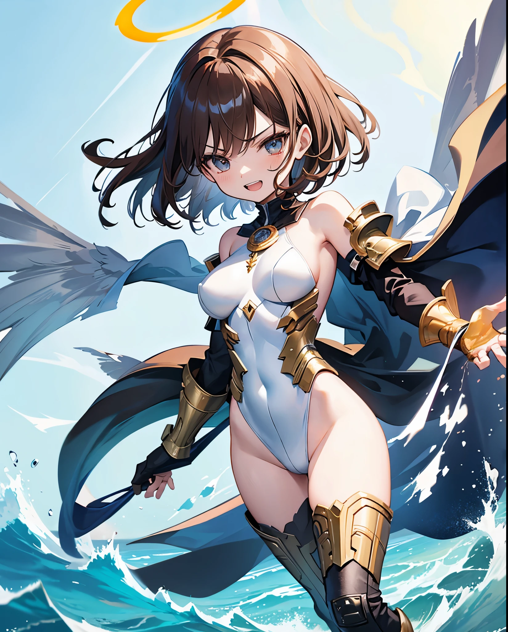 fantasy, 1angel_girl,child, ,brown_hair, medium_bob_hair, long_bangs, halo,bare_shoulder,thighhighs,silver_armor, waist_armor, large_breasts,angry,grinning,open_mouth_teeth, 1pair_wings, dynamic_pose_fighting,floating, bare_crotch, headgear,gauntlet, greaves,ocean_sky_background,slightly_spread_legs, solo, groin_naked,