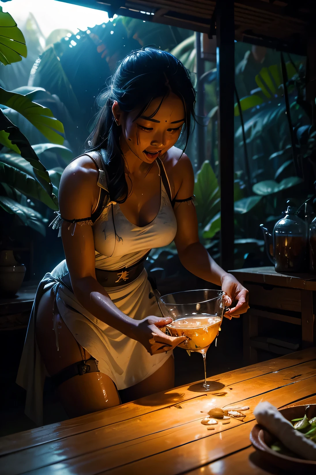 cambodian servant cheerful waitress force feeding her distressed daughter in the rainforest,kneeling, highly detailed,feeding tube,perfect lighting,submitting, fashion show,militia soldiers, holding a cup with vanilla goo splattered all over , highly detailed,neon beach bar,watery fabric, sweaty, wet