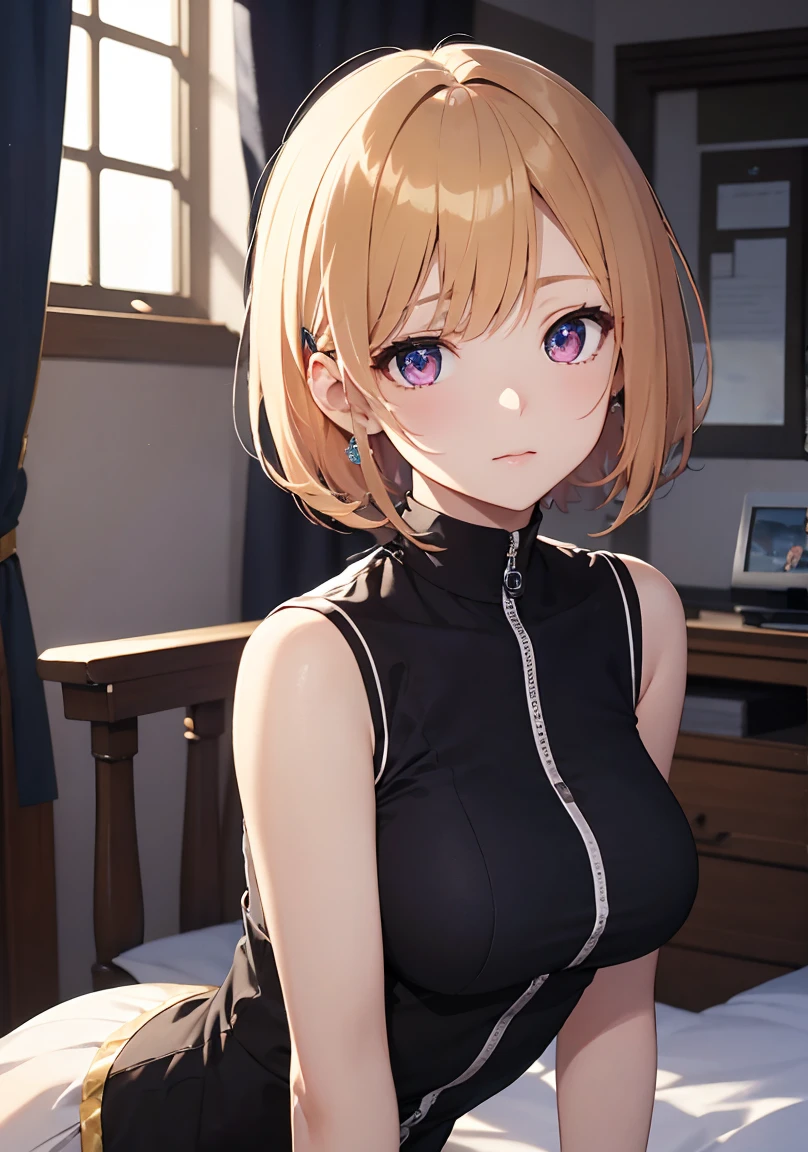 masterpiece, absurdres, best quality, ultra detailed, high Resolution, detailed illustration, extremely beautiful detailed face and eyes, bright colour, 1girl, (), cute face, Delicate beautiful face, magenta eyes, cute eyes, sparkling eyes, big eyes, medium breasts, (perky breasts:1.1), (pointy breasts:1.1), medium hips, glamorous body, white skin, happy, BREAK, long bob cut, (blonde hair:0.8), messy hair, detailed hair, shiny hair, BREAK Examination clothes, tiny ribbon, health check, Physical examination, hospital, real world, natural lights, perfect lighting,
