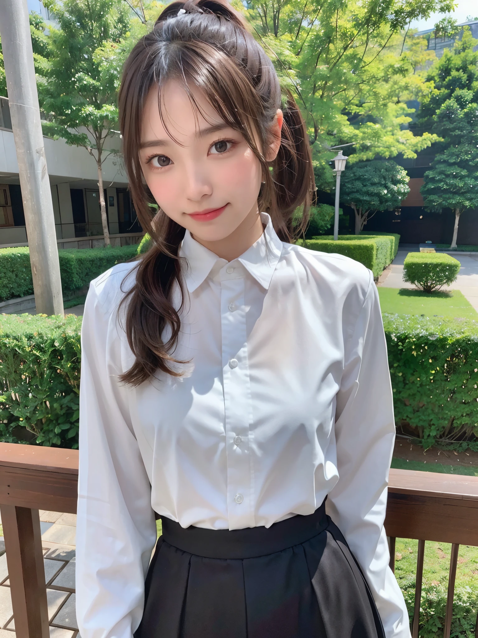 highest quality、8K、ultra high resolution、Super detailed face and eyes、Highly detailed face and skin texture、glowing skin、shiny skin、master piece:1.3、1 girl、A beautiful woman with slim abs as an accent、super detail face、delicate eyes、double eyelid、full shot、ponytail、短めponytail、20-year-old、brown hair、A sloppy smile、An embarrassed face、long sleeve、skirt、forest