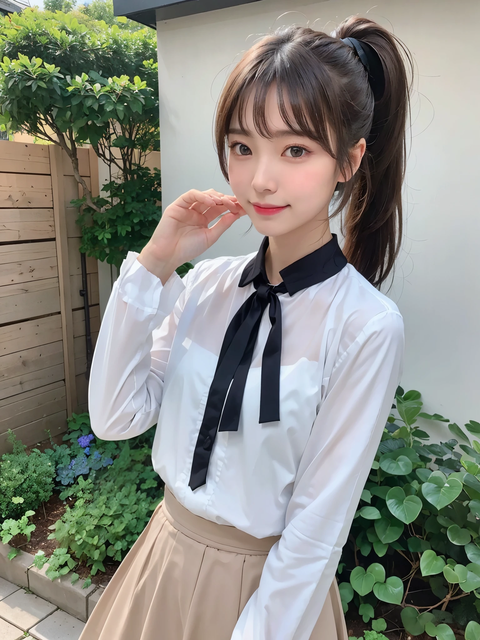 highest quality、8K、ultra high resolution、Super detailed face and eyes、Highly detailed face and skin texture、glowing skin、shiny skin、master piece:1.3、1 girl、A beautiful woman with slim abs as an accent、super detail face、delicate eyes、double eyelid、full shot、ponytail、短めponytail、20-year-old、brown hair、A sloppy smile、An embarrassed face、long sleeve、skirt、forest