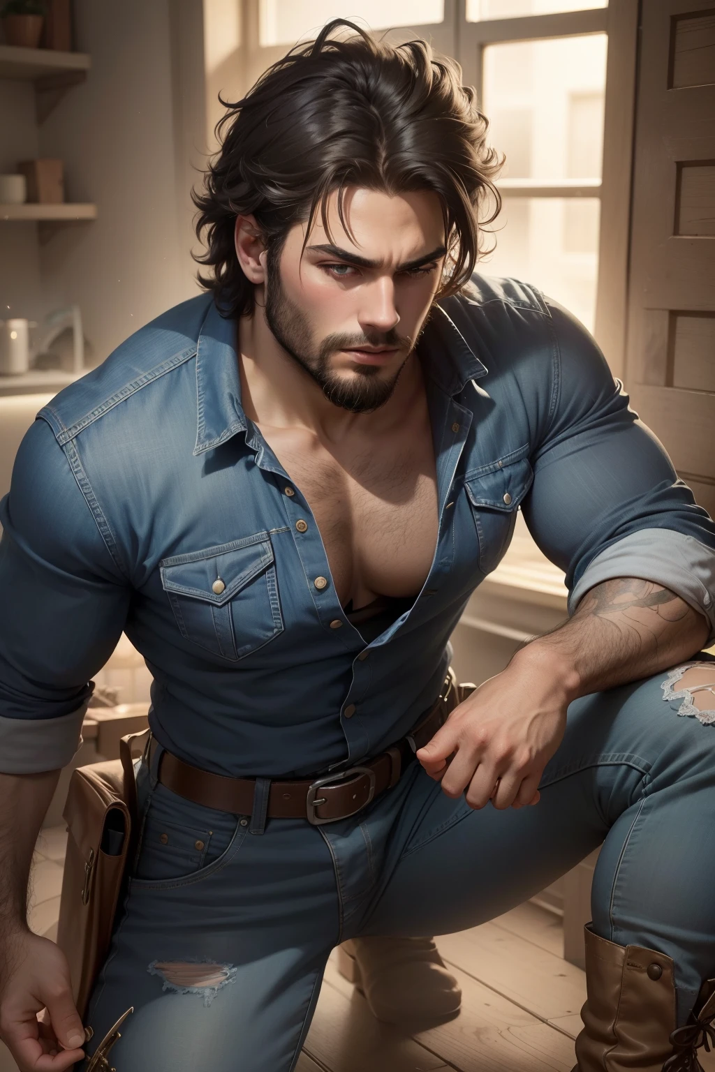 ((ultra detail, high resolution, ultra detailed, best quality, amazing, top quality, extremely detailed CG 8k wallpaper unit, cinematic lighting, semi-realistic)), ((medieval)), middle ages, dark ages, ((solo)), ((man, awesome man, athletic man, tanned man)), ((full body, impressive body, captivating body, male body, defined body, athletic body)), upright posture, ((dark brown hair, curly hair, hair falling on the forehead)), ((detailed eyes, deep eyes, intense eyes, amber eyes, bright eyes)), ((trimmed beard, slightly trimmed beard)), ((calloused hands, bruised hands)), ((casual dress, half-fashioned casual attire, comfortable clothes, button-down shirts, jeans, sturdy boots)), ((tanned skin)) --auto --s2