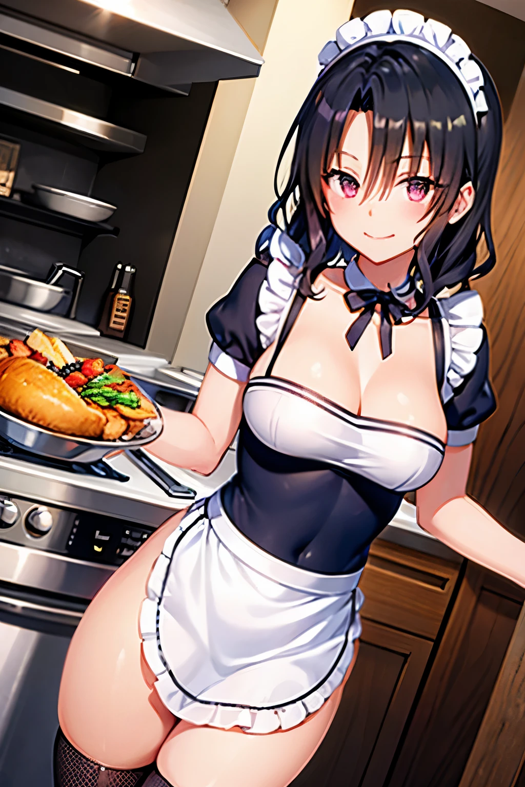 black hair、hot pants　blue、Fishnet Tights　black color、chest open　Ruffled apron　pink、maid headband、big breasts、smile、Are standing、kitchen　In the middle of the meal