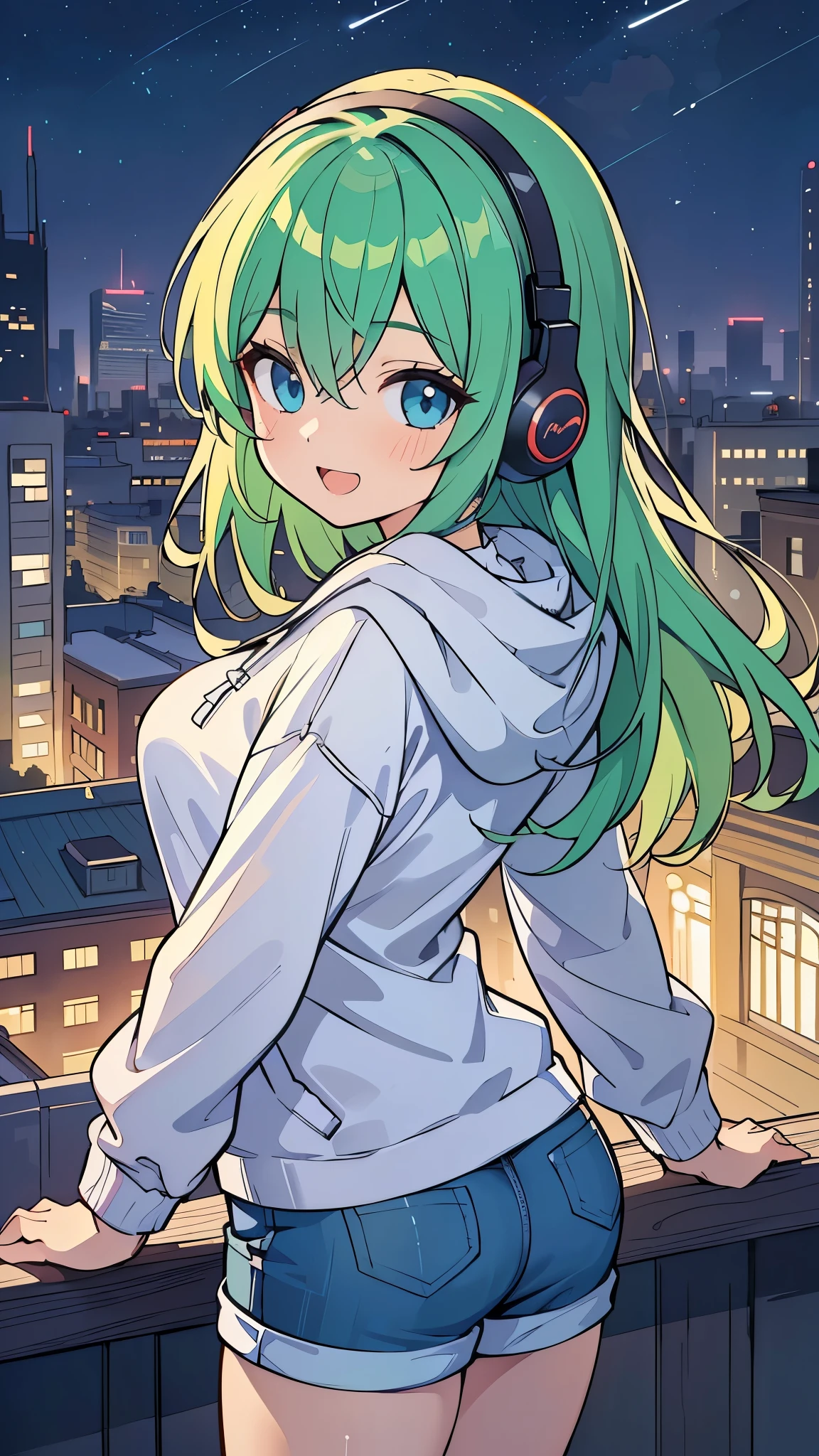 ((A Pretty girl wearing hoodie and hot pants)), Headphone, face, ((master piece, top-quality, ultra-definition, high resolution)), anime girl, ((ultra-detailed illust:1.2)), only one person, bangs, hair between eye, green colored hair, beautiful hair, Blue colored eyes, Shiny eyes, Beautiful eyes, Medium breasts, Big smile, opened mouth, ((night cityscape))