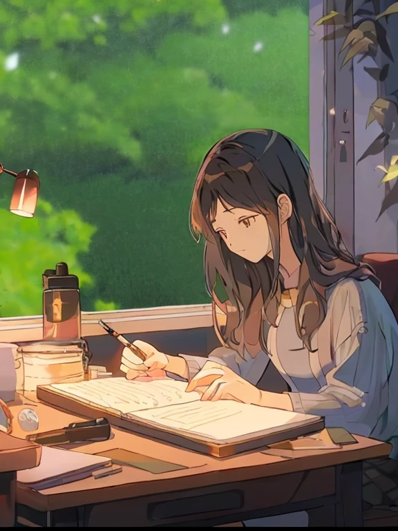 Anime girl writing in notebook on table with lamp, studio glibly Xin Haicheng, Xin Haicheng art style, Xin Haicheng. —h 2160, Xin Haicheng style, style of Xin Haicheng, ( ( Xin Haicheng ) ), in style of Xin Haicheng