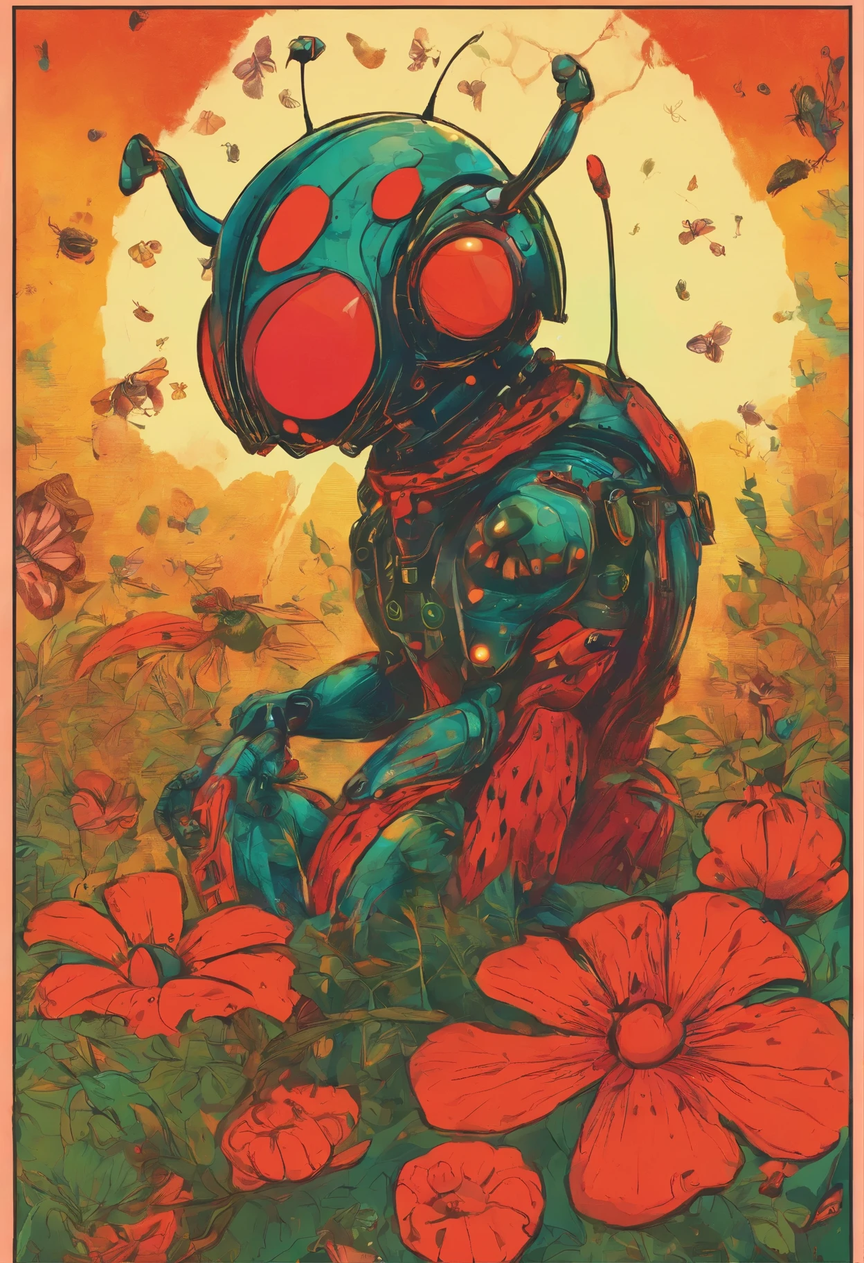 A surreal and imaginative representation of a human-ladybug hybrid. The figure has a human body with distinct ladybug features. The skin is fair, adorned with small, black spots like those of a ladybug. The head is a blend of human and ladybug characteristics, with large, round eyes and antennae. The back has ladybug wings, red with black spots, half-open. The hands and feet are human-like but with a hint of insect qualities. This hybrid is standing in a natural setting, surrounded by lush greenery and colorful flowers, adding to the fantastical atmosphere.